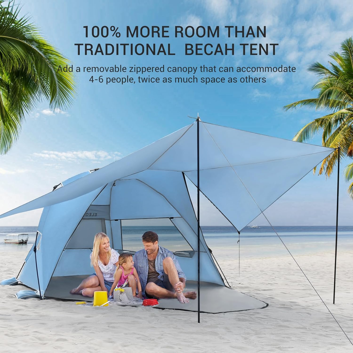 Elegear Tienda para Playa con UPF 50+ Refugio Solar de Playa Ligero, Instantáneo Portátil Carpa para Playa Camping, Tienda Sombra con Cremallera Extendida para Camping de Playa, Azul