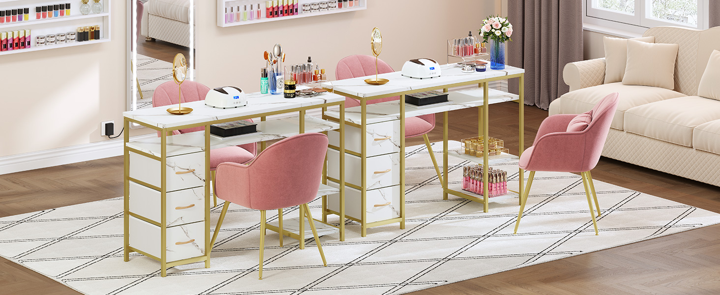 Mesa de manicura, computadora de uñas para tecnología de uñas, computadora de manicura con textura de mármol con 3 cajones