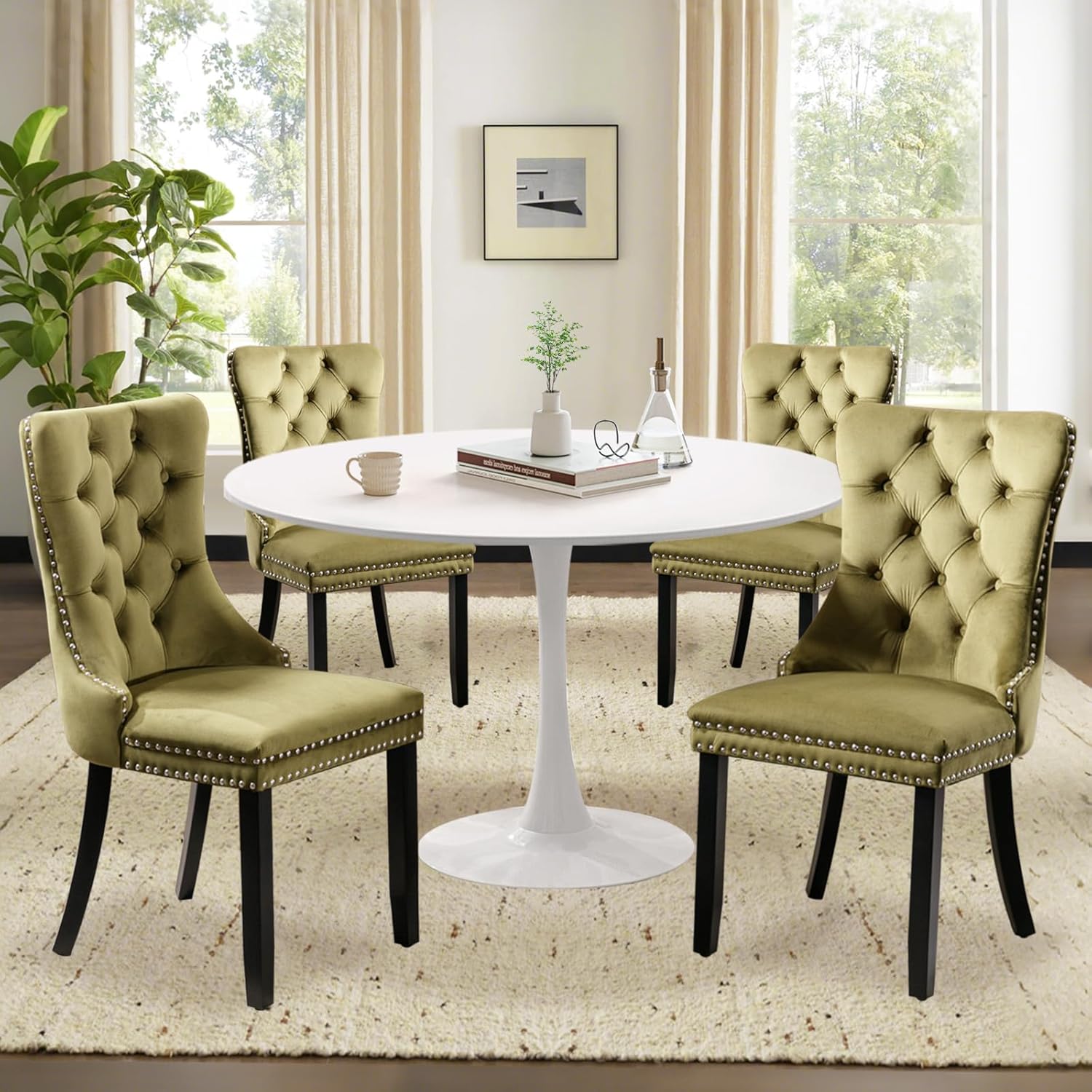 Juego de 6 sillas de comedor tapizadas de piel, estilo moderno, con ribete de cabeza de clavo y pata de madera, anillo de metal para comedor y sala de estar (blanco y negro, juego de 6)