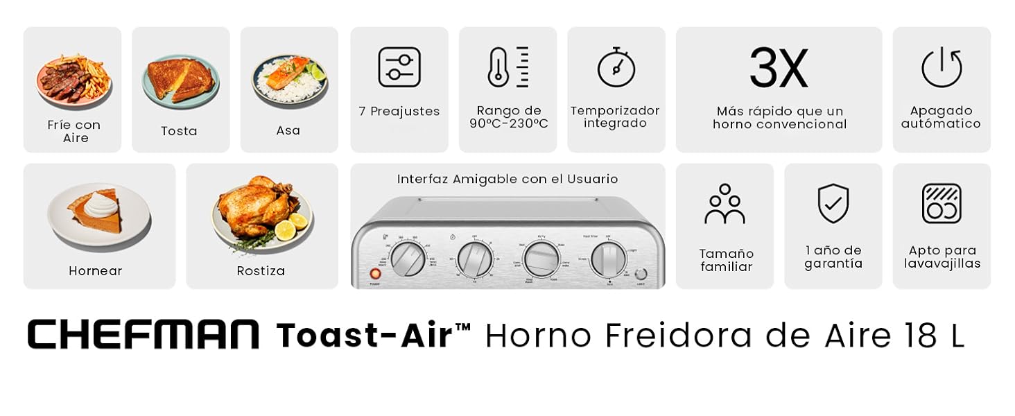 Chefman, horno tostador, freidora de aire, horno, hornear, tostar, comida saludable