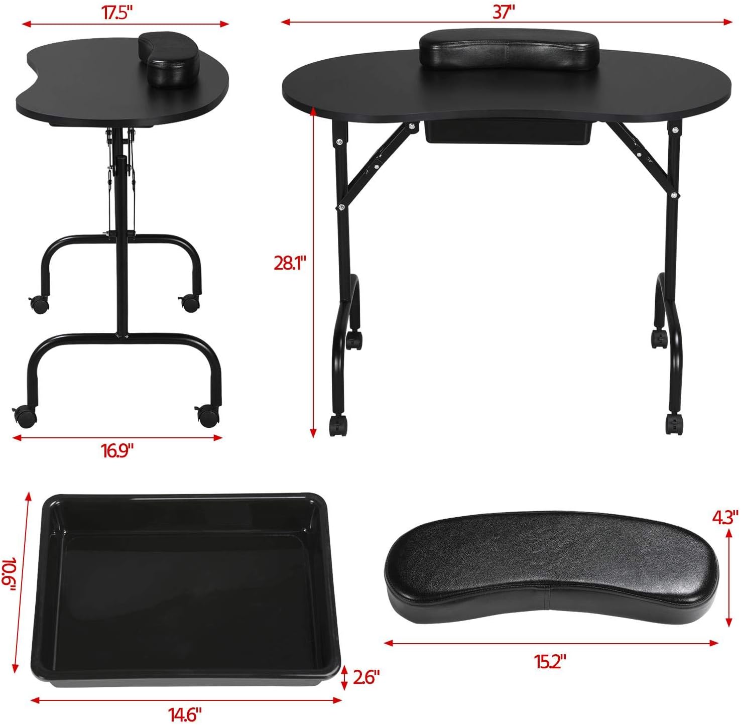 Yaheetech Mesa de manicura portátil y Plegable de 37 Pulgadas, estación de Trabajo con cajón Grande/Almohadilla de muñeca para Cliente, Ruedas controlables/Estuche de Transporte para SPA, salón de