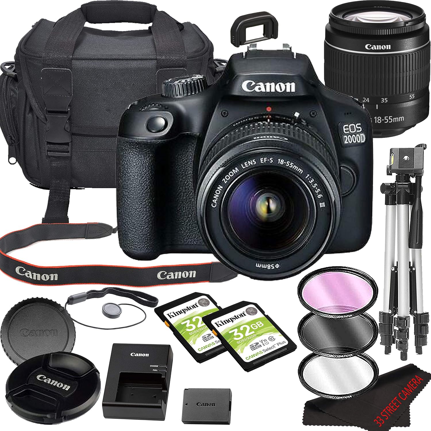 Canon EOS 2000D (Rebel T7) Paquete de cámara réflex digital con lente de 18-55 mm | Wi-Fi incorporado, sensor CMOS de 24.1 MP | Procesador de imagen DIGIC 4+ y videos Full HD + memoria de 64 GB (17