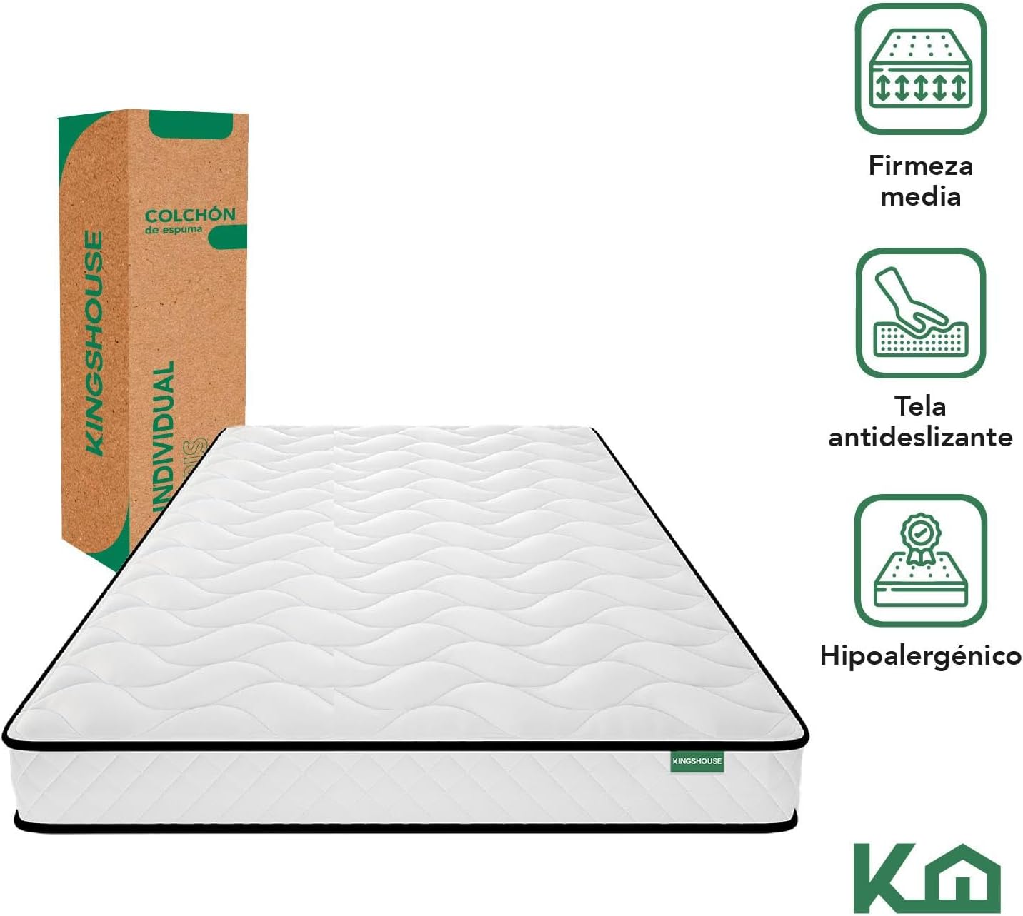 Kingshouse | Colchón en Caja Matrimonial Color Gris - Espuma de Alta Densidad - (LAxANxAL) 190x135x15 cm - Antiácaros e Hipoalergénico - Memory Foam, Adaptable y Suave - Firmeza Justa