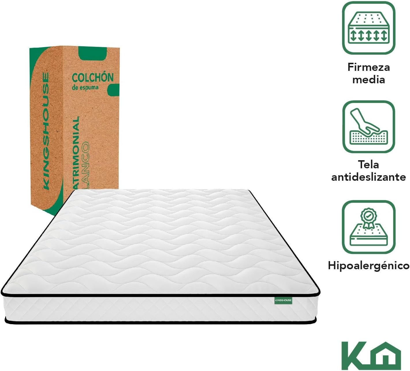 Kingshouse | Colchón en Caja Matrimonial Color Gris - Espuma de Alta Densidad - (LAxANxAL) 190x135x15 cm - Antiácaros e Hipoalergénico - Memory Foam, Adaptable y Suave - Firmeza Justa
