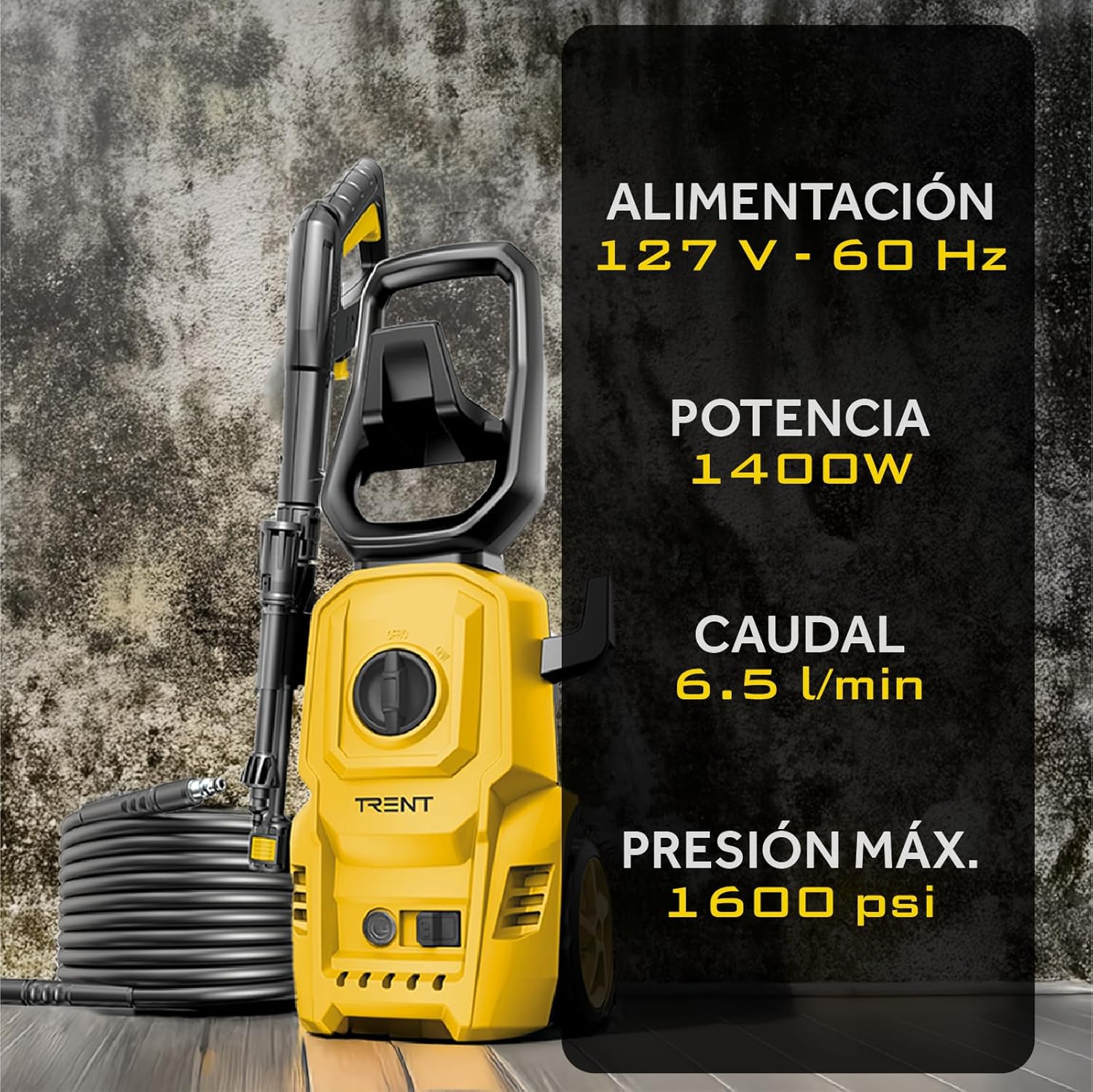 TRENT Hidrolavadora Electrica 1400w Alta Presion 1600 PSI 60 Hz Negro Y Amarillo