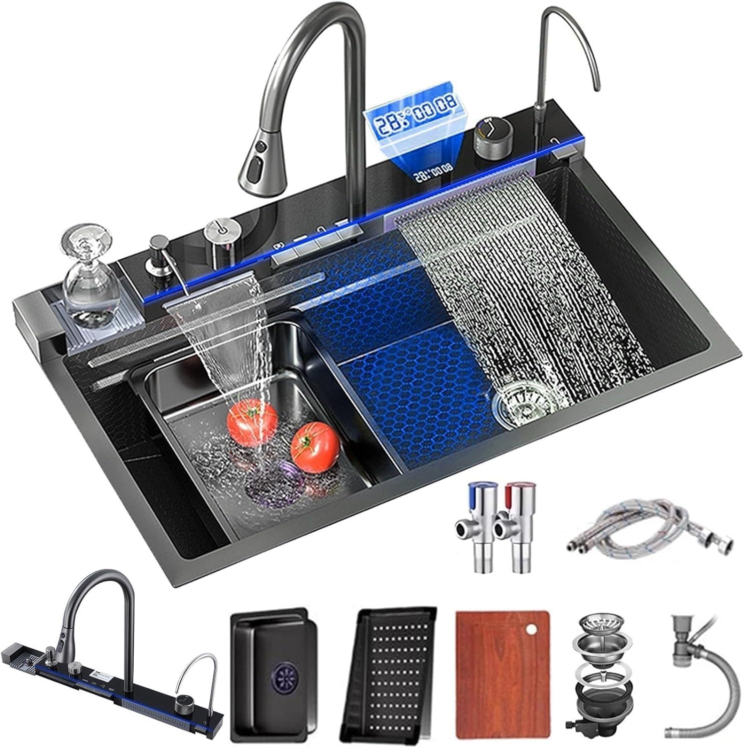 Fregadero De Cocina De Lujo Acero Inoxidable De Una Tarja 304 negro Fregadero de cascada Cascadas gemelas Con lavavasos y grifo Con lavavasos、grifo、tabla de cortar、escurridor