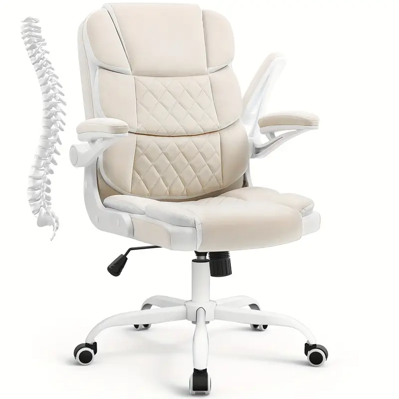 Silla de Oficina Ergonómica de Terciopelo Beige con Soporte Lumbar, Apoyabrazos Ajustables y Base Giratoria - Silla de Escritorio Ejecutiva Cómoda para el Hogar, Estudio o Dormitorio