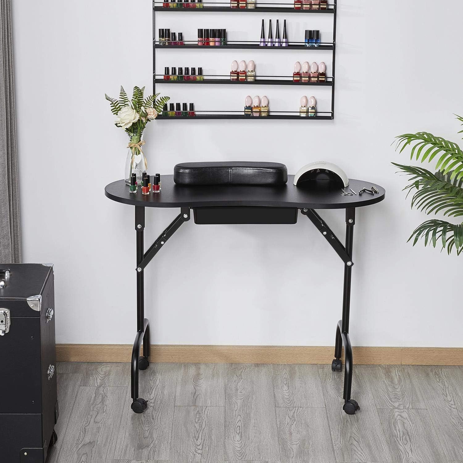 Yaheetech Mesa de manicura portátil y Plegable de 37 Pulgadas, estación de Trabajo con cajón Grande/Almohadilla de muñeca para Cliente, Ruedas controlables/Estuche de Transporte para SPA, salón de