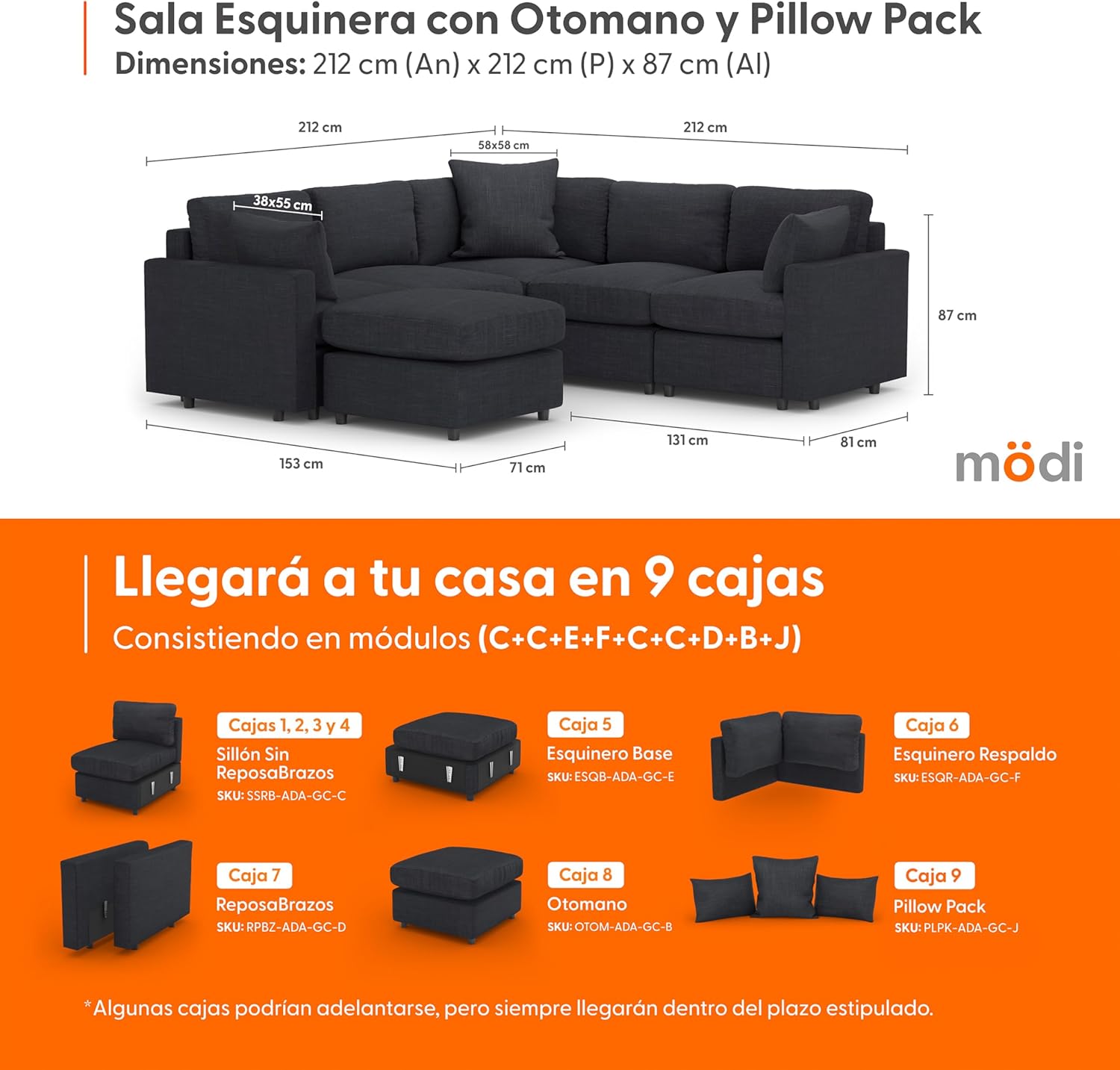 MODISOFA - Sofá Sala Esquinera Modular con Otomano | 6 Plazas | Gris Claro | + Pillow Pack | Fácil de Ensamblar y Adaptable | Envío Gratis
