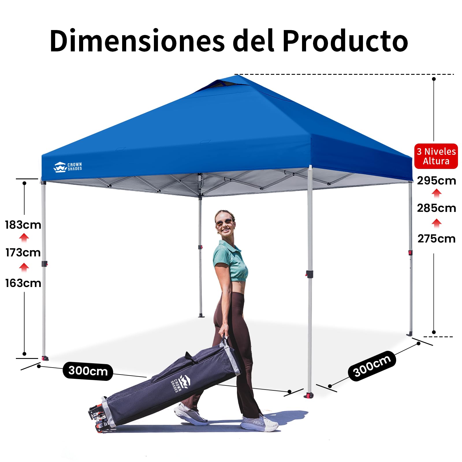 CROWN SHADES Carpa Toldo 3x3 Reforzado Plegable Impermeable | Bloqueo Central de un Clic | Bolsa con Ruedas | Revestimiento Plateado Protección Solar | Ideal para Jardín, Exteriores y Camping (Azul)