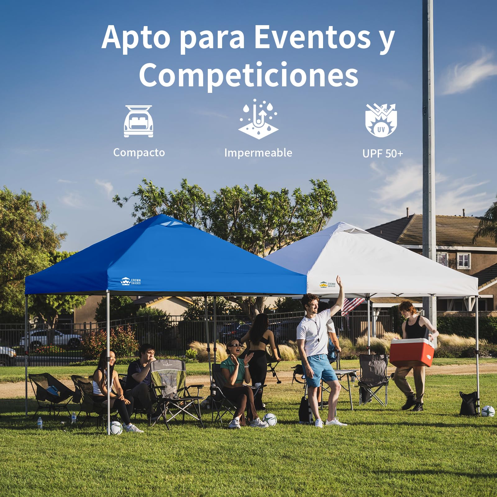 CROWN SHADES Carpa Toldo 3x3 Reforzado Plegable Impermeable | Bloqueo Central de un Clic | Bolsa con Ruedas | Revestimiento Plateado Protección Solar | Ideal para Jardín, Exteriores y Camping (Azul)