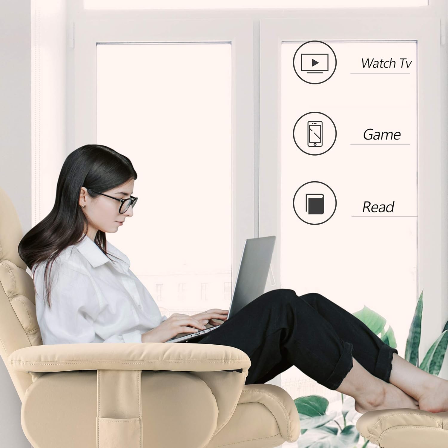 Silla reclinable con otomana, silla reclinable con masaje, silla giratoria de 360 años, piel sintética 7902 (blanco crema)