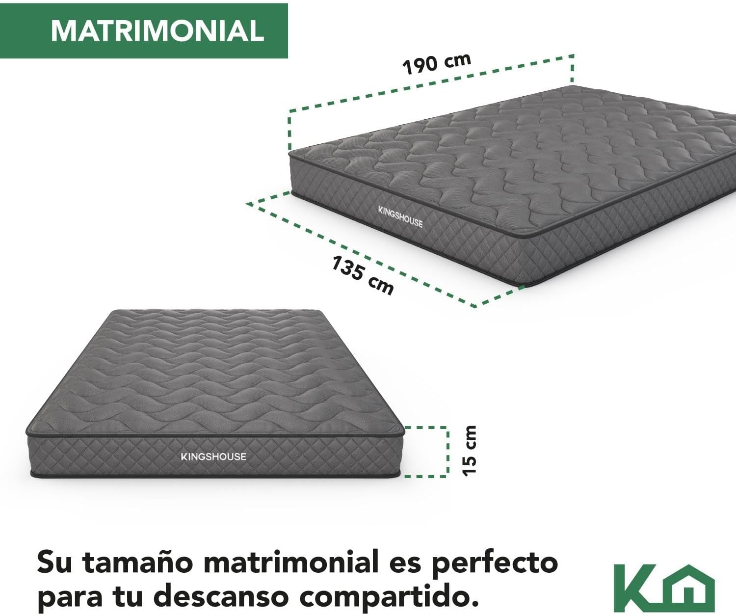 Kingshouse | Colchón en Caja Matrimonial Color Gris - Espuma de Alta Densidad - (LAxANxAL) 190x135x15 cm - Antiácaros e Hipoalergénico - Memory Foam, Adaptable y Suave - Firmeza Justa