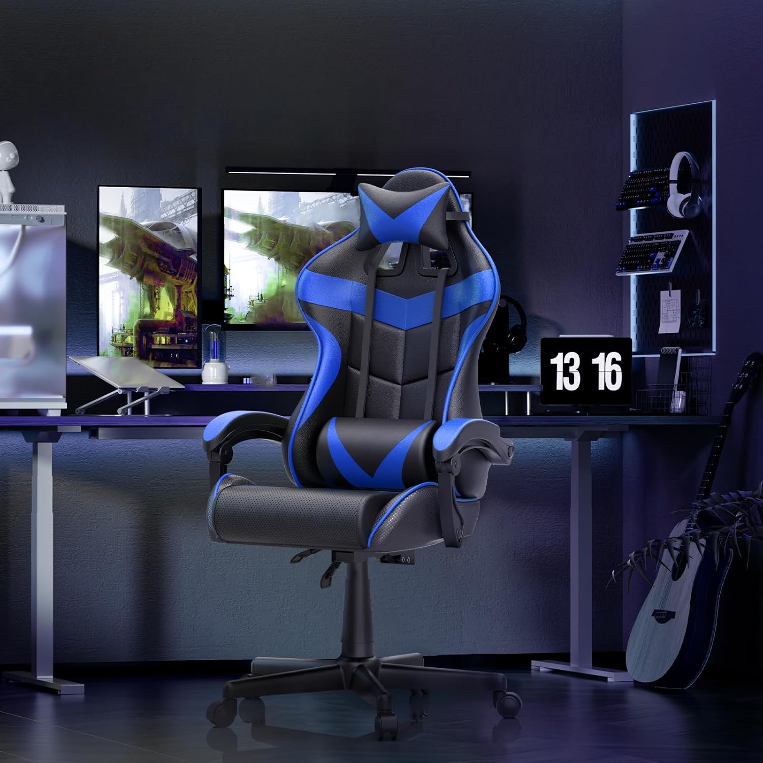 Silla de juegos de PC, silla de carreras para juegos, silla de computadora, silla de oficina E-Sports, silla ergonómica con reposapiés retráctil, reposacabezas ajustable y soporte lumbar (azul)
