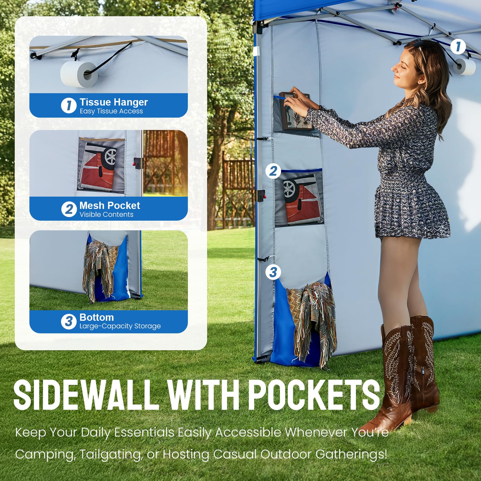 Crown Shades Tienda de campaña con toldo, 3 x 3 m, portátil, refugio para exteriores con pared lateral de bolsillo, bloqueo central con empuje, protección ultravioleta, bolsa de transporte, azul