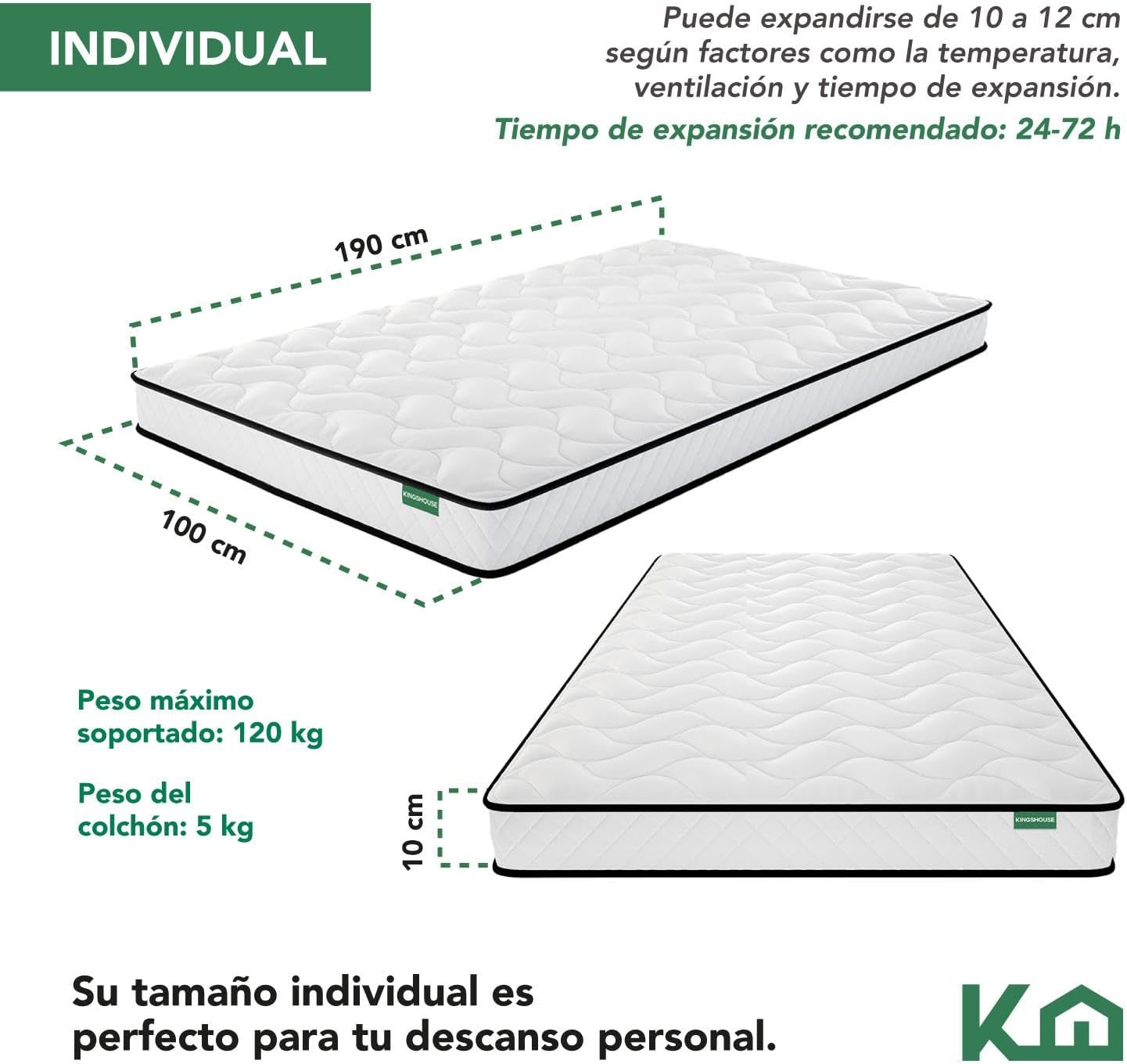 Kingshouse | Colchón en Caja Matrimonial Color Gris - Espuma de Alta Densidad - (LAxANxAL) 190x135x15 cm - Antiácaros e Hipoalergénico - Memory Foam, Adaptable y Suave - Firmeza Justa