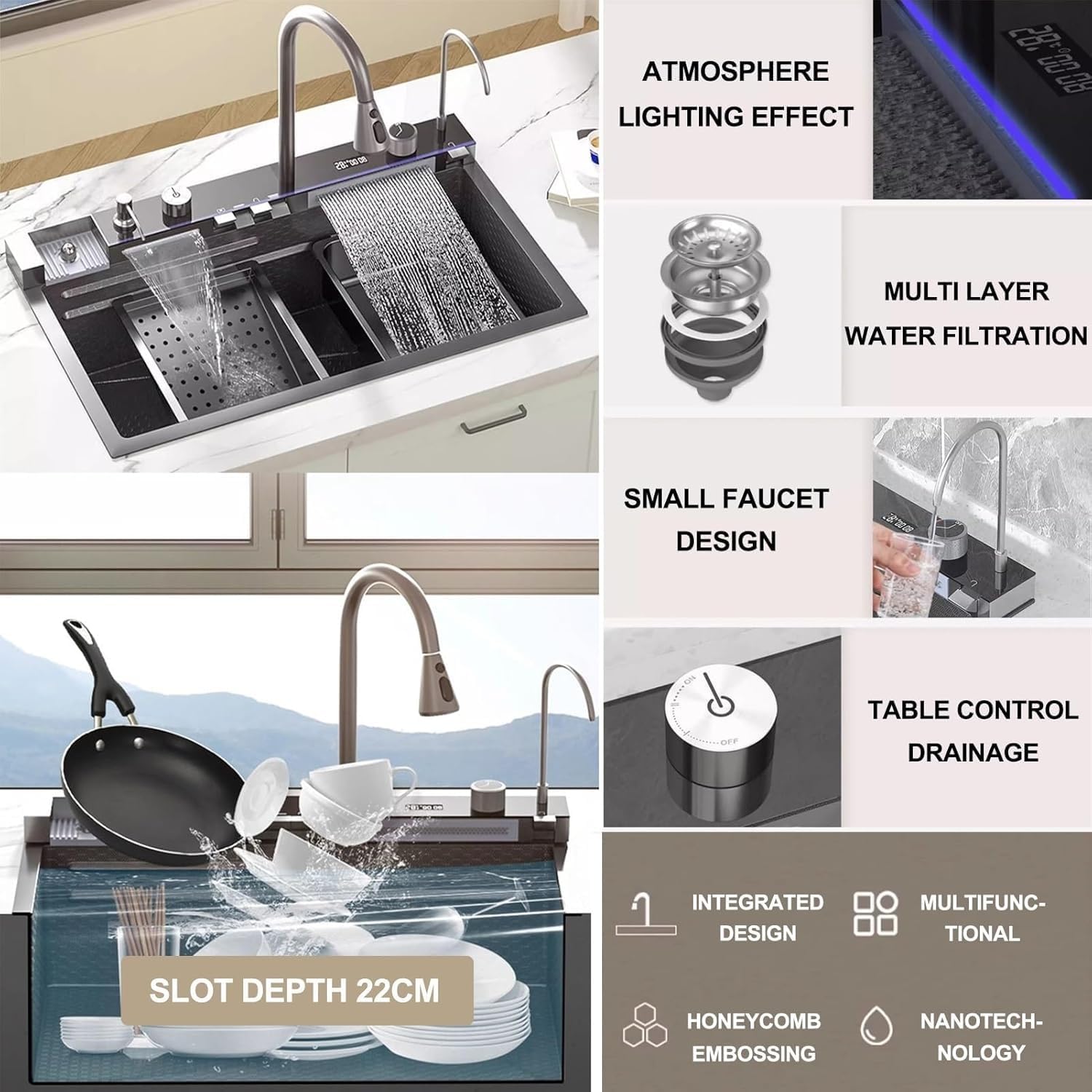 Fregadero De Cocina De Lujo Acero Inoxidable De Una Tarja 304 negro Fregadero de cascada Cascadas gemelas Con lavavasos y grifo Con lavavasos、grifo、tabla de cortar、escurridor