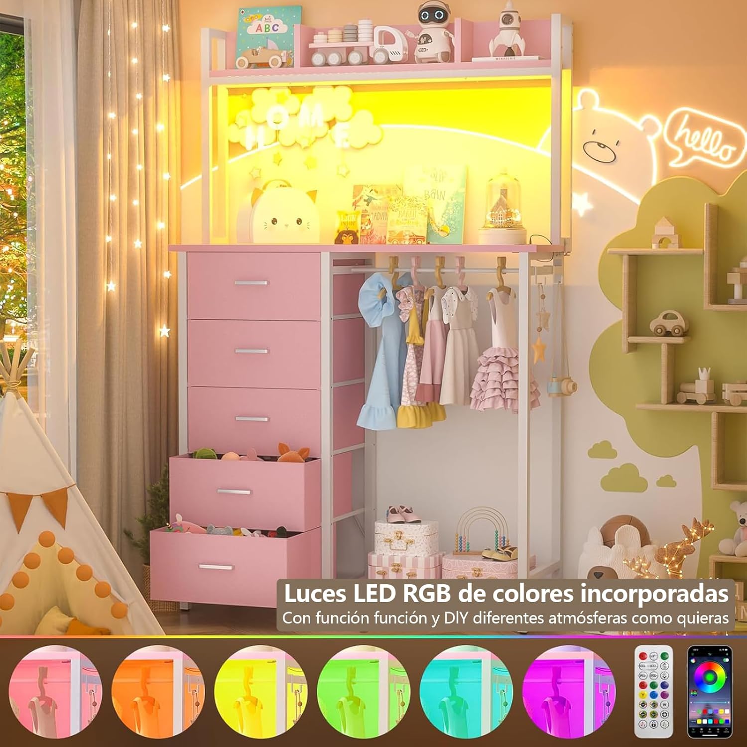 Comoda Cajonera para Recamara,Cómoda con Percheros Integrados de 5 Niveles,180x100x40 cm, Armario Multifuncional con Luces RGB, 3 Enchufes + 2 USB y Control Remoto (Rosa)