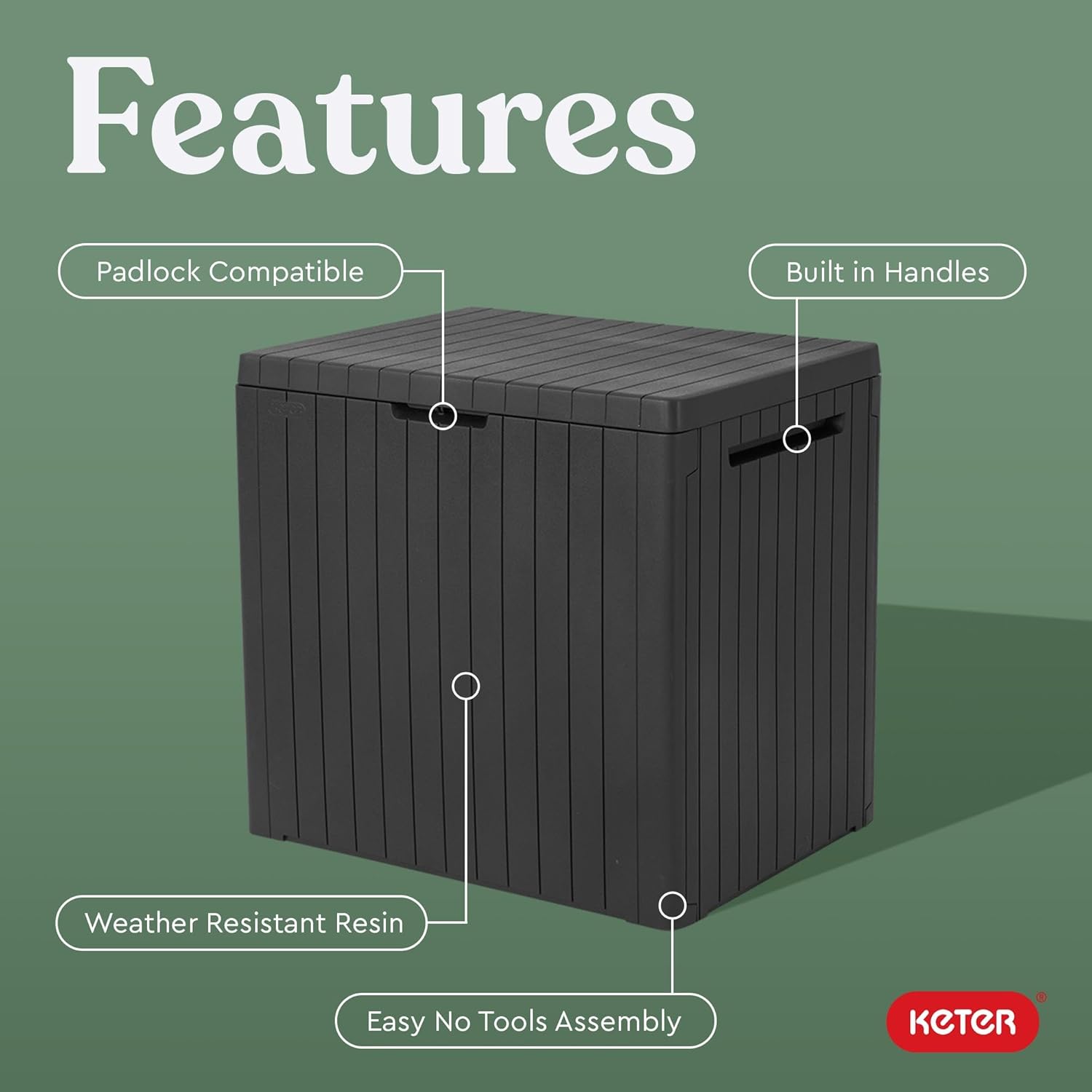 Keter City - Caja de resina de 30 galones para muebles de patio, accesorios de alberca y almacenamiento para juguetes al aire libre, color gris