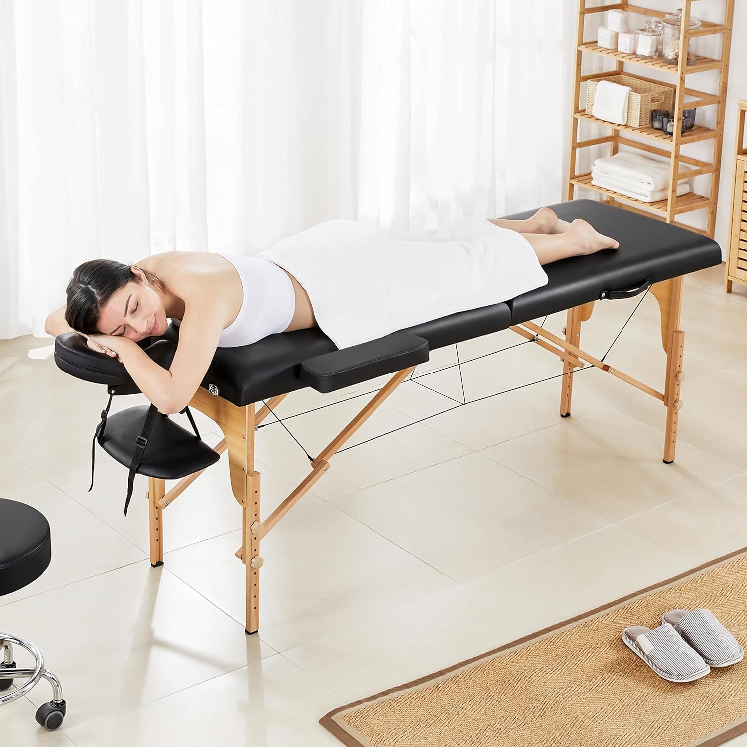 Yaheetech Mesas de masaje, cama de masaje portátil, mesa de terapia de masaje, cama de spa de 84 pulgadas, ajustable, 2 pliegues, cama de salón con bolsa no tejida, color negro