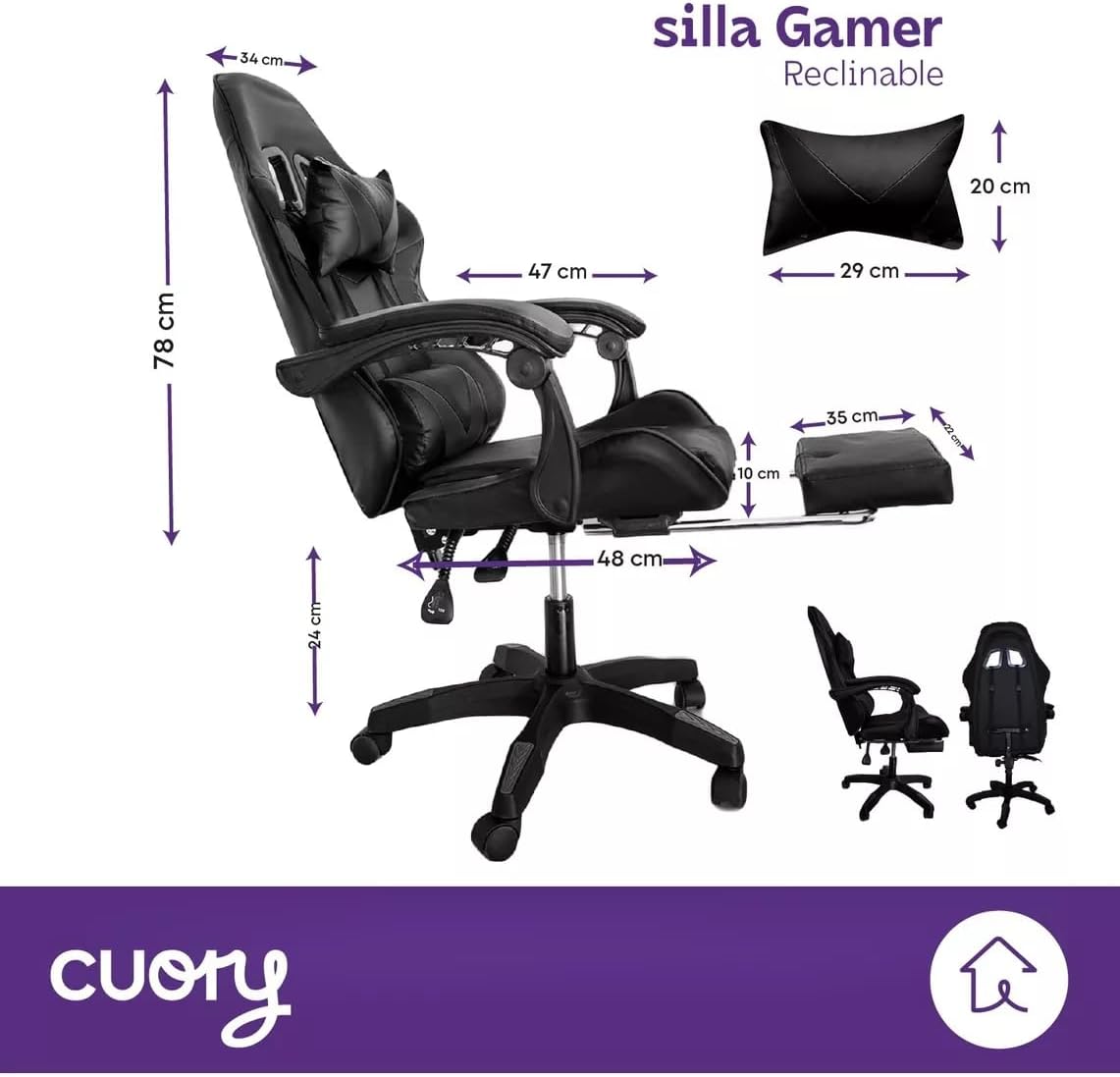 CUORY Silla Gamer Escritorio Ergonómica Reposapiés Ejecutiva | Ajuste de Altura | Reclinable Gaming Oficina Silla de computadora con Giratorio | Reposacabezas y Almohada Lumbar | Negro