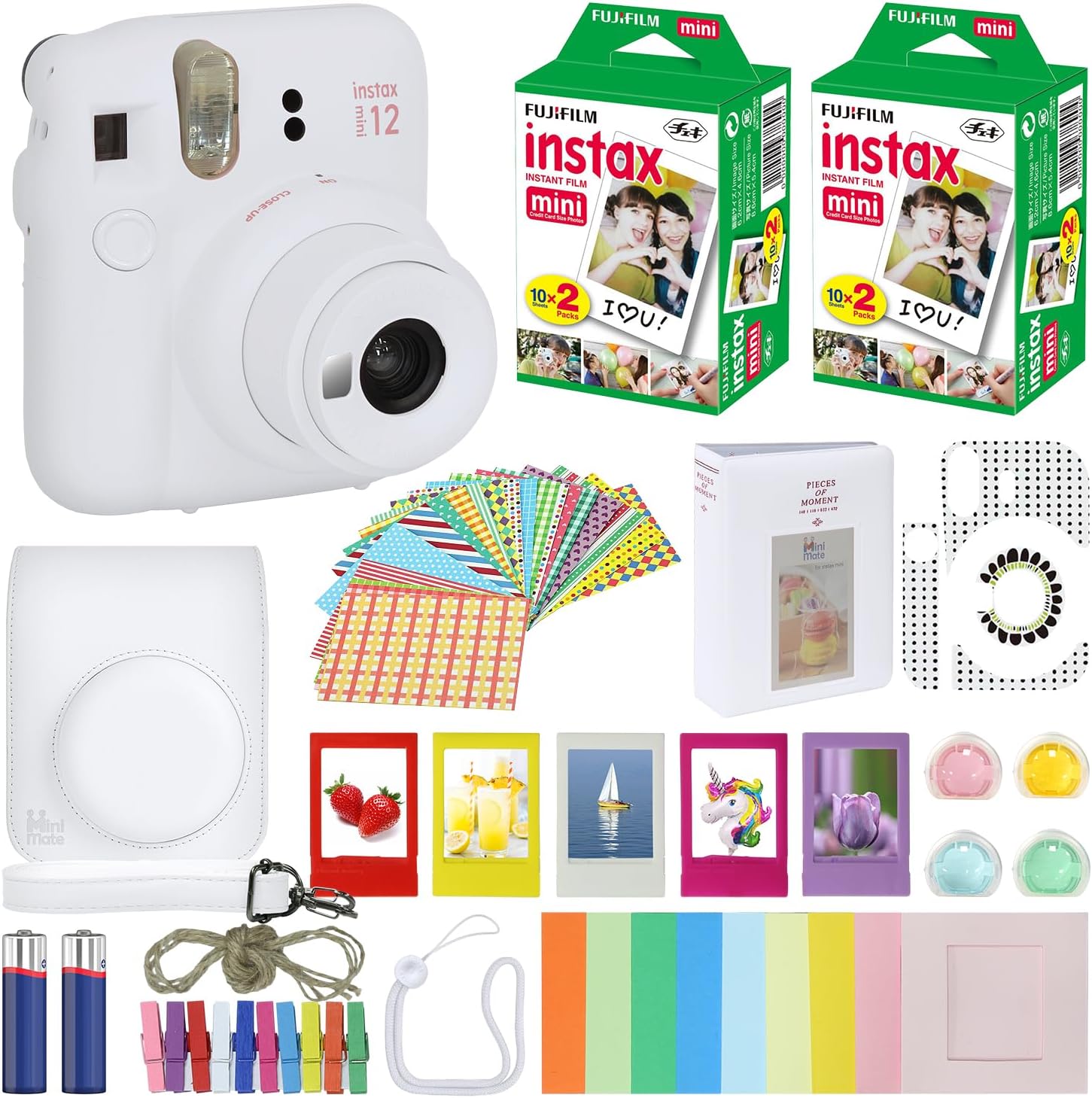 Fujifilm Instax Mini 12 cámara instantánea lila púrpura + estuche de transporte + Fuji Instax Film Value Pack (40 hojas) paquete de accesorios, filtros de color, álbum de fotos, marcos surtidos