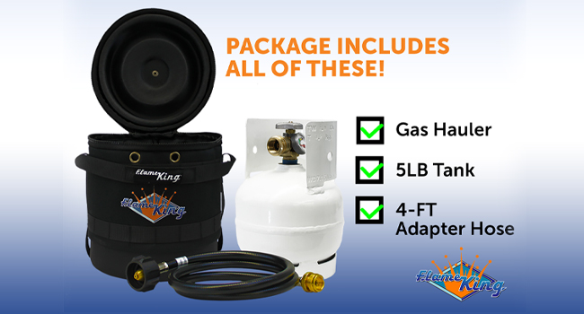 Kit de transportador de gas Flame King, funda protectora aislada, tanque de propano de 3 libras y manguera adaptadora
