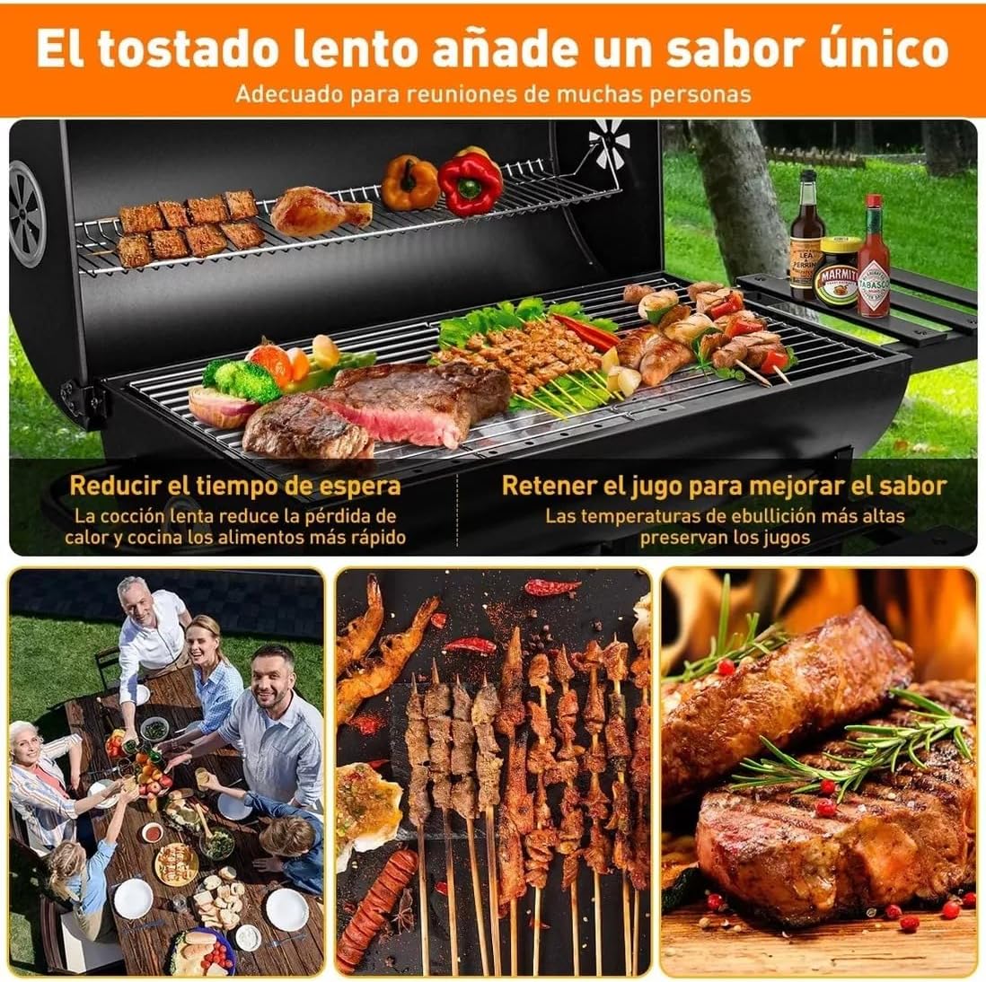 Asador de Carbon con Funda Antipolvo y Cepillo, Parrilla de Carbón con Temperatura Controlada en Forma de Barril, Parrilla de Patio Trasero Fiesta Barbacoa, Camping Grill Doble Capa