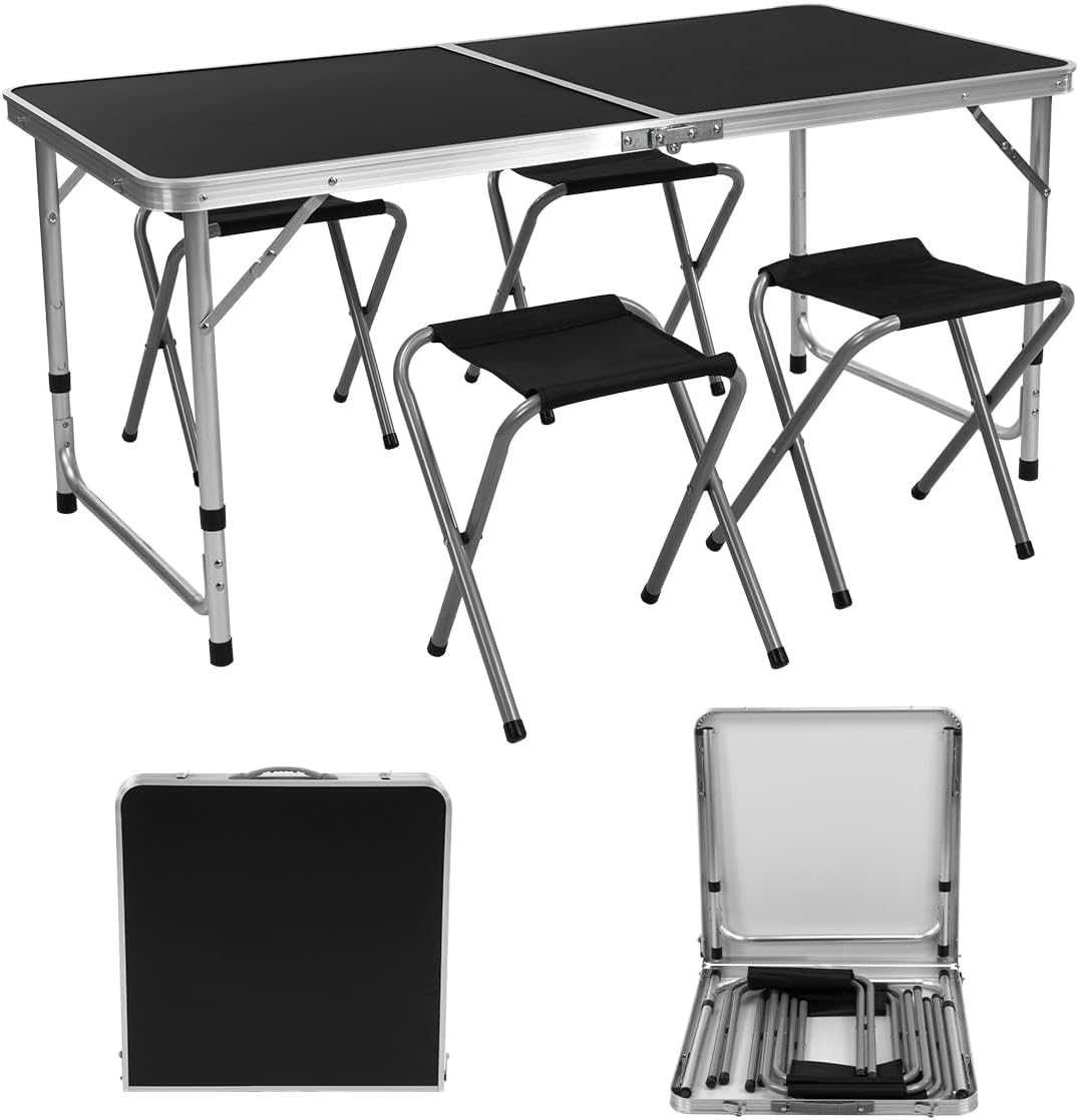 SELECTSHOP Mesa Plegable Portatil Comedor de Camping con 4 Sillas De Tela Taburetes Portatiles Mesa Resistente para Picnic Comedor Ajustable 120 cm-taza