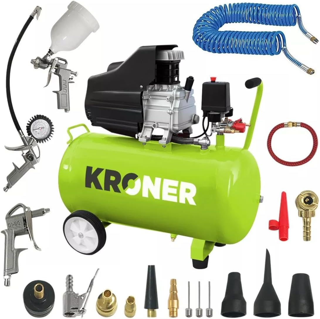Kroner Compresor de Aire 50 Litros 2.5 HP – Kit de Pintura con Pistola, Manguera y Accesorios, 8 Bar 115 PSI 206 L/min