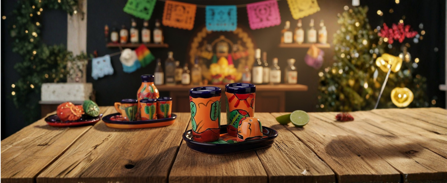 Mextequil, juego de vasos de chupito con sal Shkaer y bandeja
