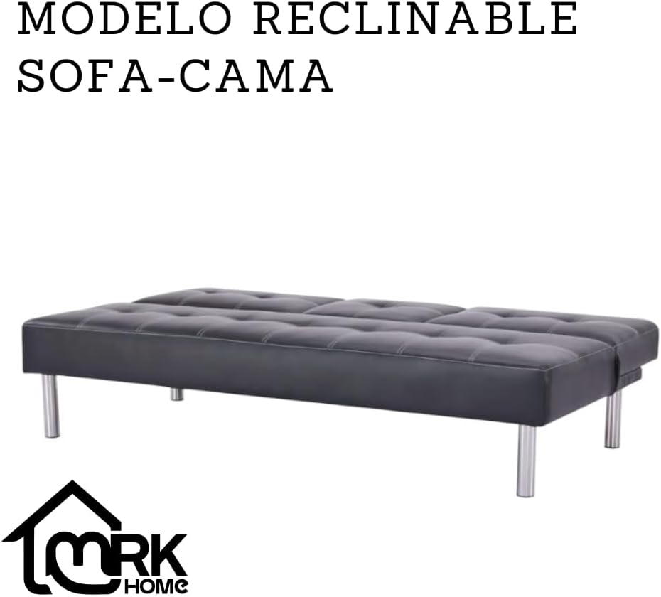 Sofá Cama Reclinable Futón 3 plazas Negro Bonnie De Tela Matrimonial, Soporta 240 Kg, Resistente, Estable, Cómodo, Acolchado
