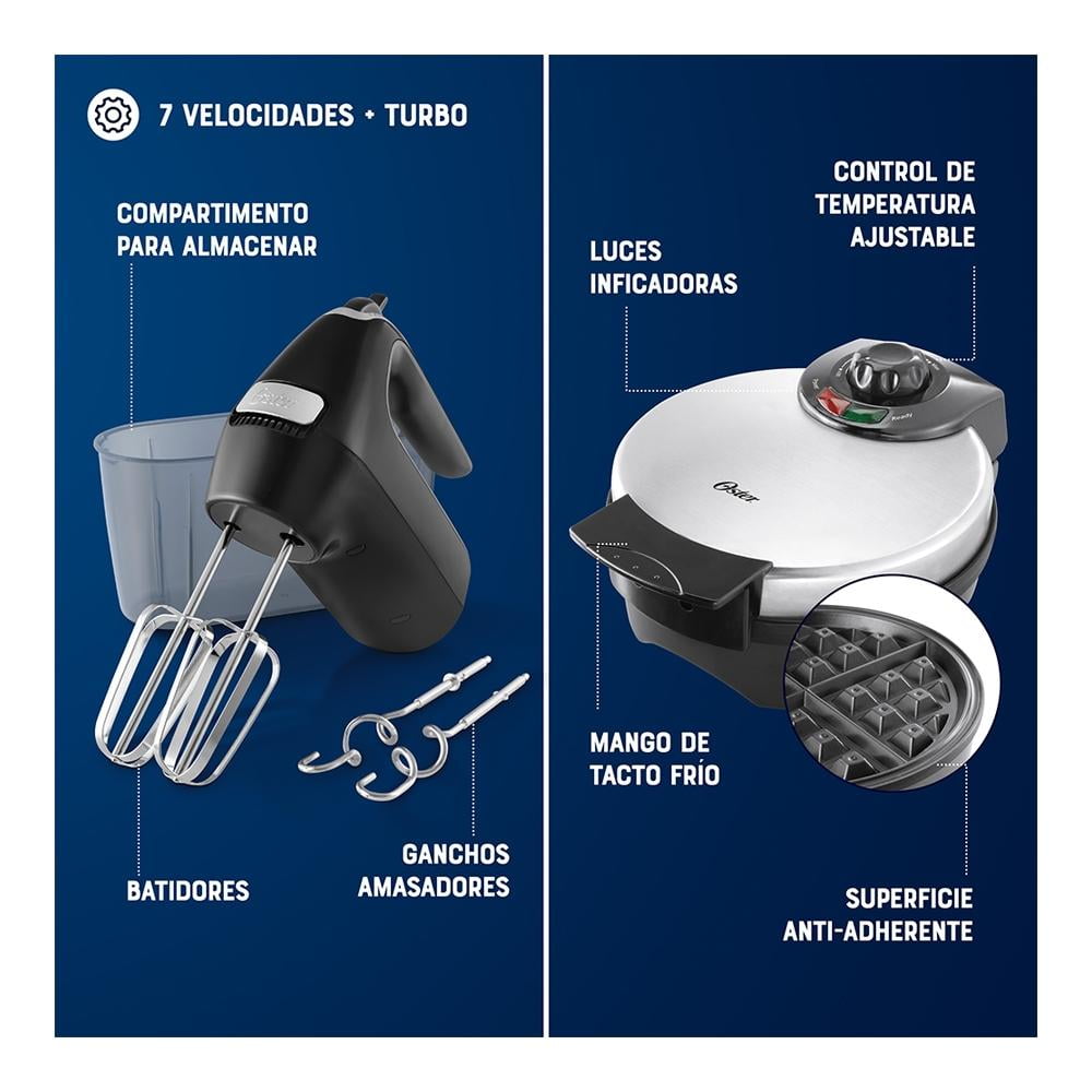 Combo Oster 4 Elementos con Licuadora 6 Velocidades, Cafetera Programable 8 tazas, Batidora y Wafflera