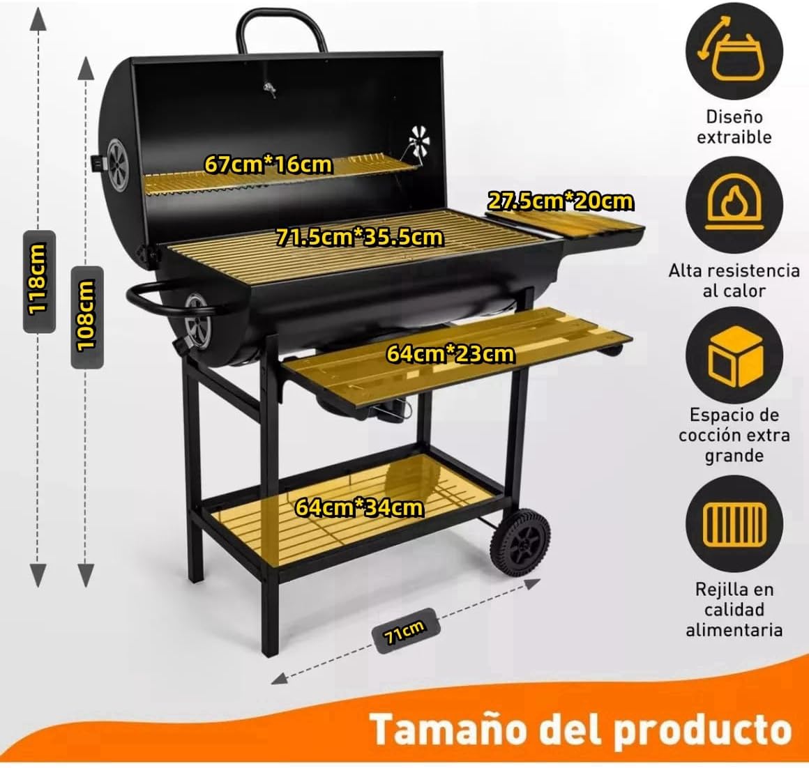 Asador de Carbon con Funda Antipolvo y Cepillo, Parrilla de Carbón con Temperatura Controlada en Forma de Barril, Parrilla de Patio Trasero Fiesta Barbacoa, Camping Grill Doble Capa