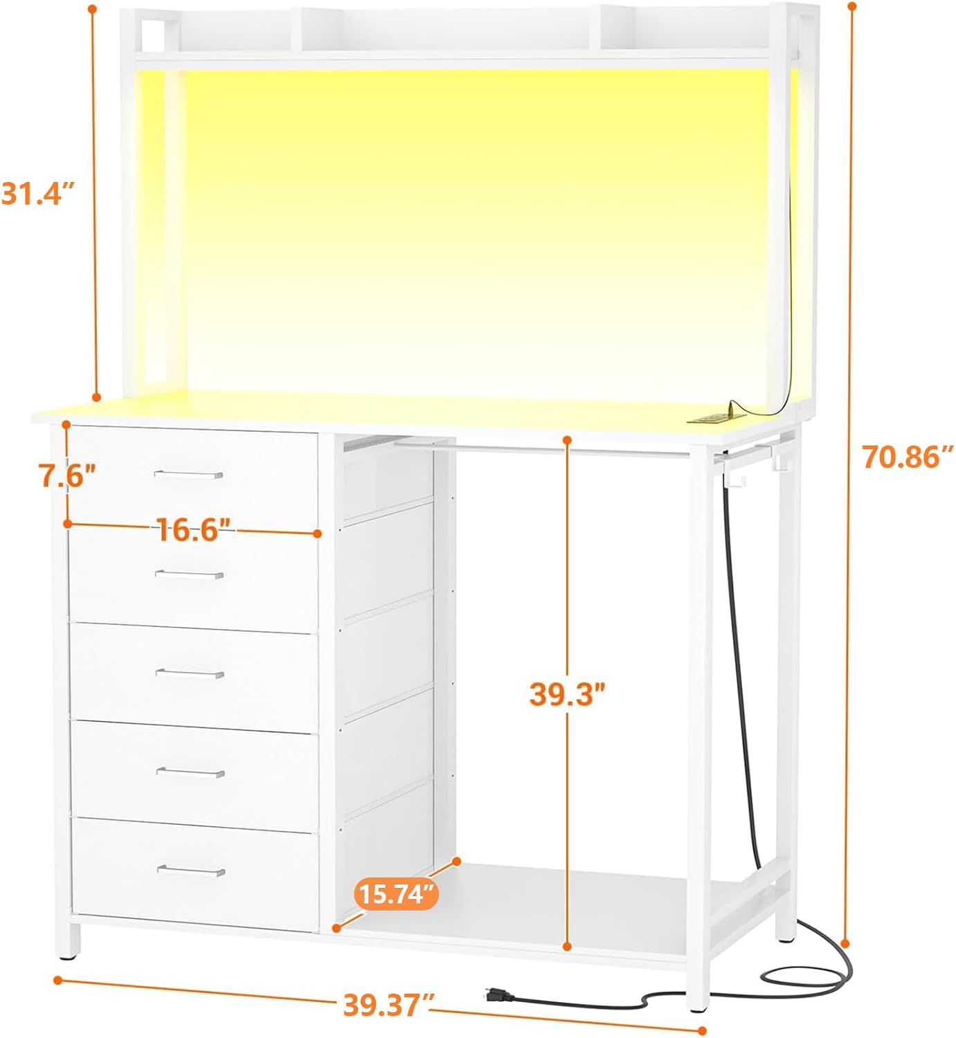 Comoda Cajonera para Recamara,Cómoda con Percheros Integrados de 5 Niveles,180x100x40 cm, Armario Multifuncional con Luces RGB, 3 Enchufes + 2 USB y Control Remoto (Rosa)