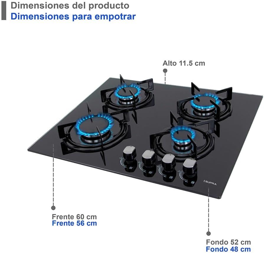 SUPRA Combo empotrable Kalas, Parrilla a gas de 4 quemadores para empotrar de 60 cm Mod. KAYSER, Campana extractora de tipo pared en acero inoxidable de 60 cm Mod. CB-60