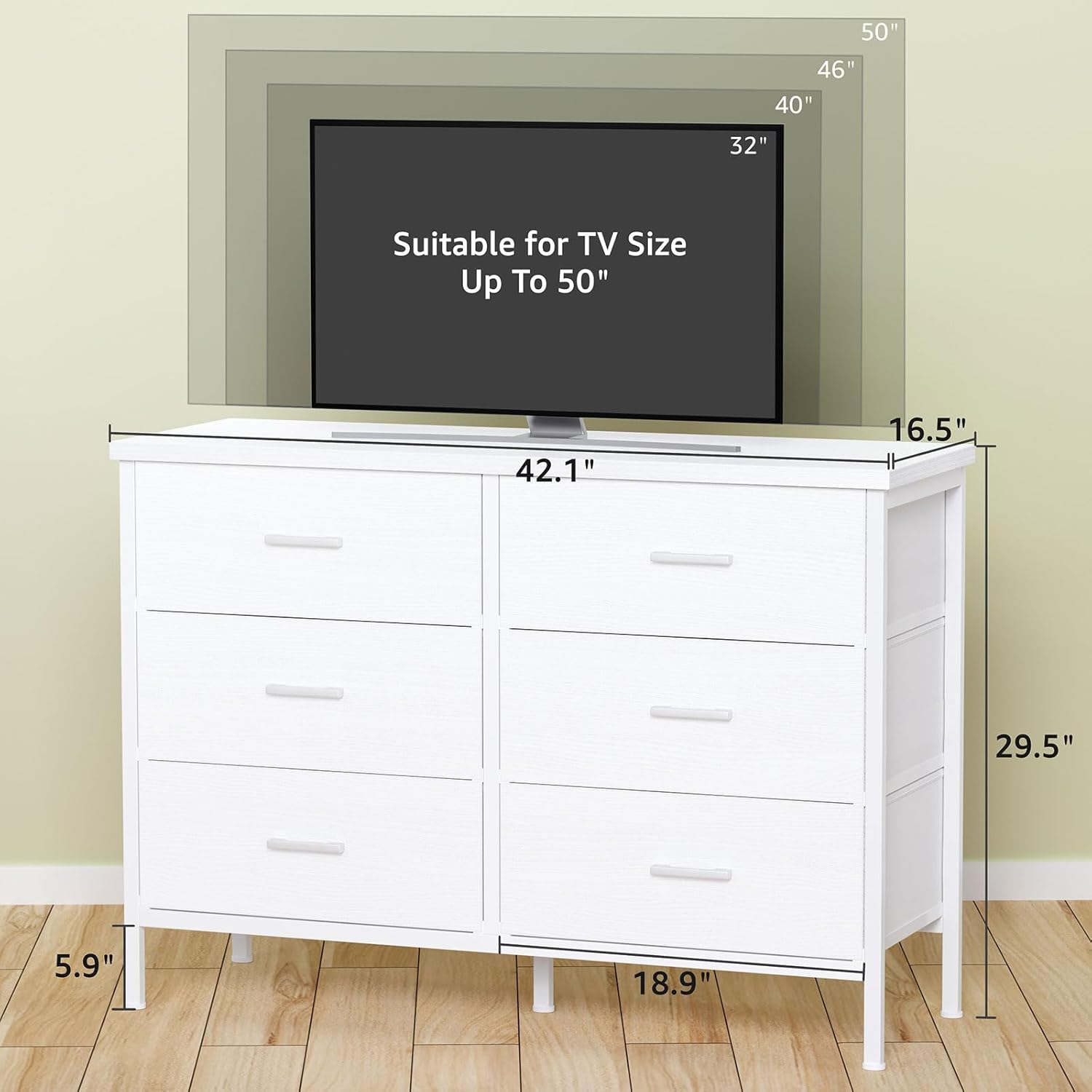BOLUO - Cómoda blanca para recámara, 6 cajones, soporte de TV ancho para cambiador de TV de 50 pulgadas y cajones de tela para clóset moderno