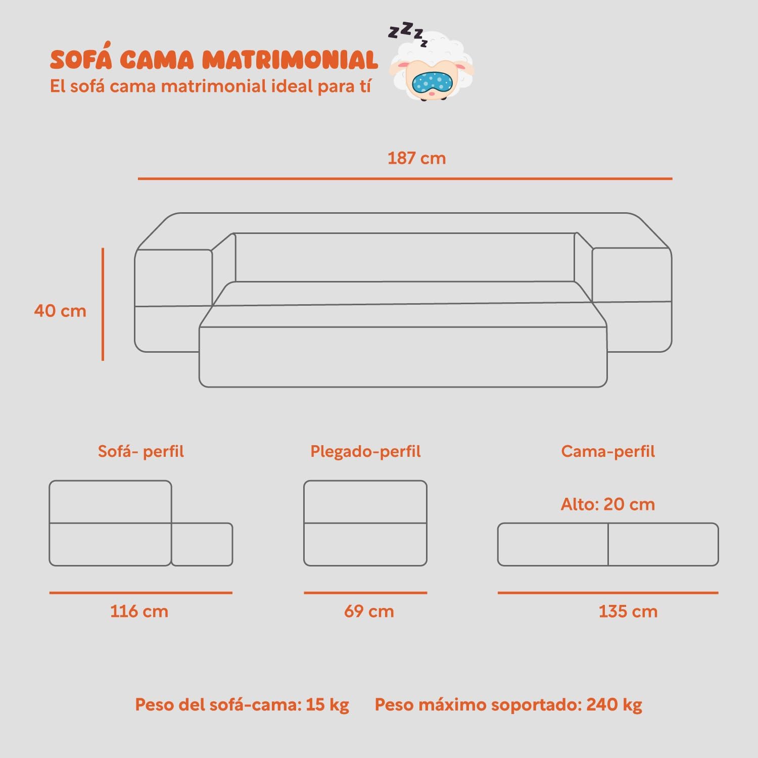 COLORDREAMS | Sofá Cama Matrimonial Plegable – Sillón Multifunción 3 En 1 – Relleno De Espuma – Funda Lavable – Hipoalergénico – Gris