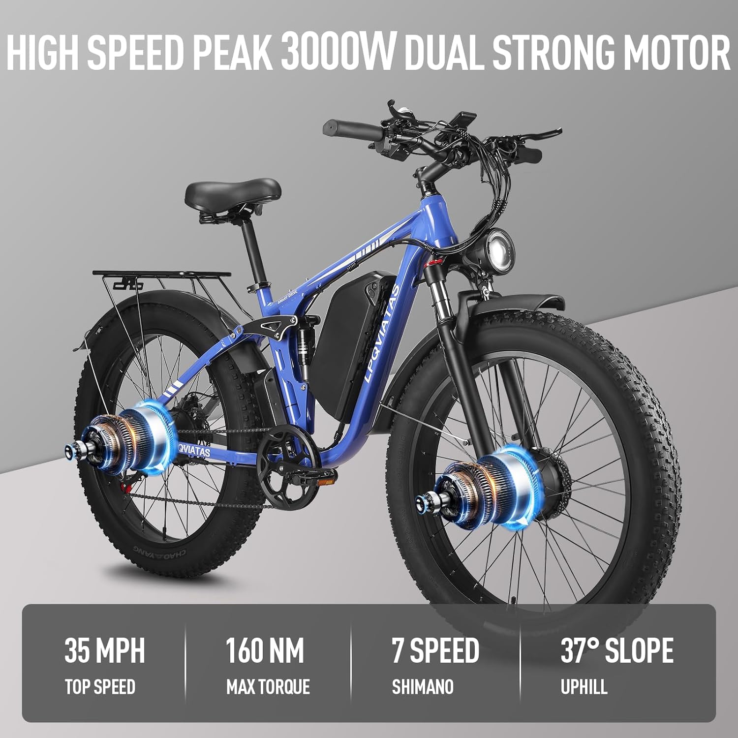 Bicicleta eléctrica de 2000 W para adultos con batería de 52 V 23 AH, 35 MPH de doble motor Ebike neumático gordo de 26 pulgadas para hombres, bicicleta eléctrica de 70 millas con engranajes de 7