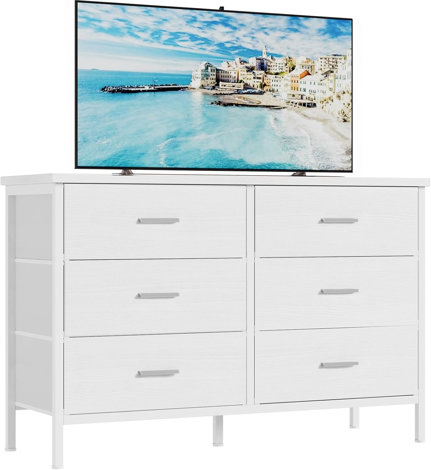 BOLUO - Cómoda blanca para recámara, 6 cajones, soporte de TV ancho para cambiador de TV de 50 pulgadas y cajones de tela para clóset moderno