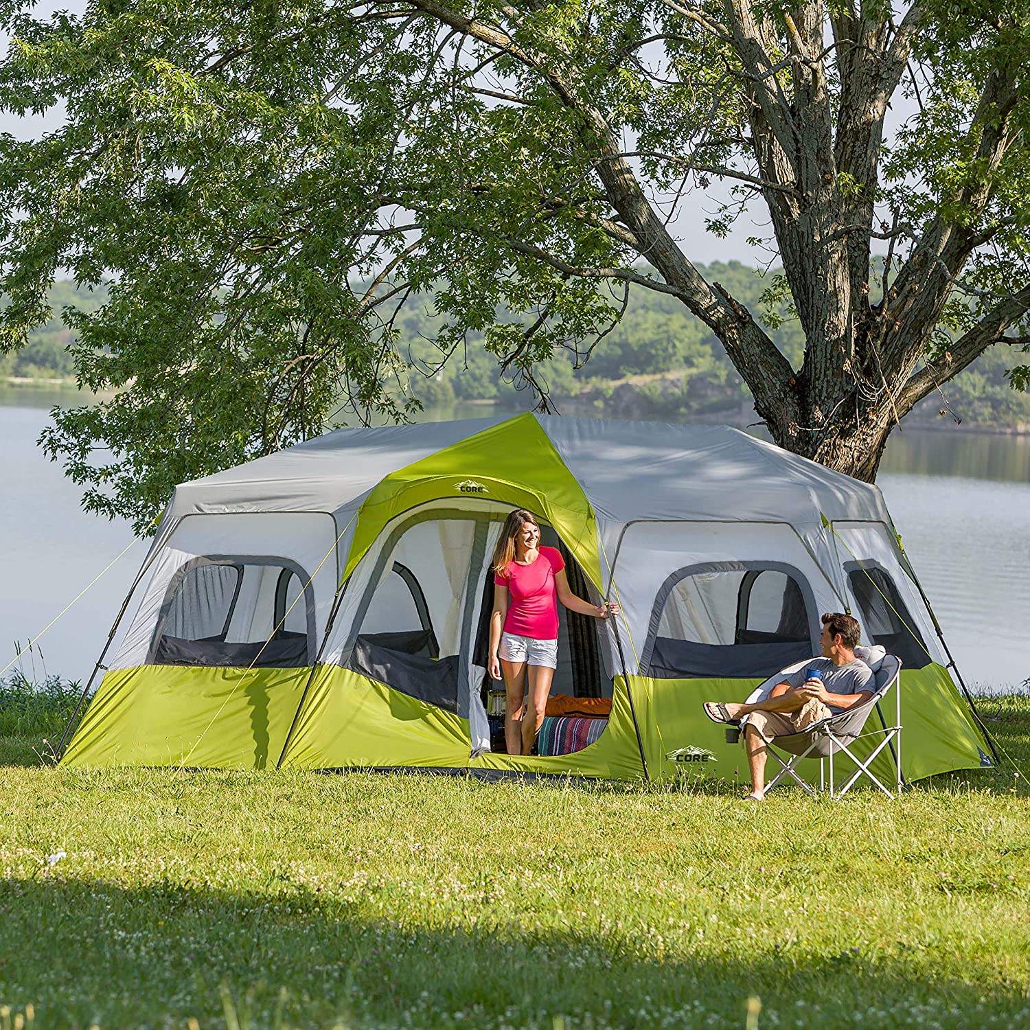 CORE - Tienda de campaña instantánea para 12 personas | Tienda de campaña enorme de 3 habitaciones para familia con bolsillos de almacenamiento para accesorios de camping, tienda de campaña grande
