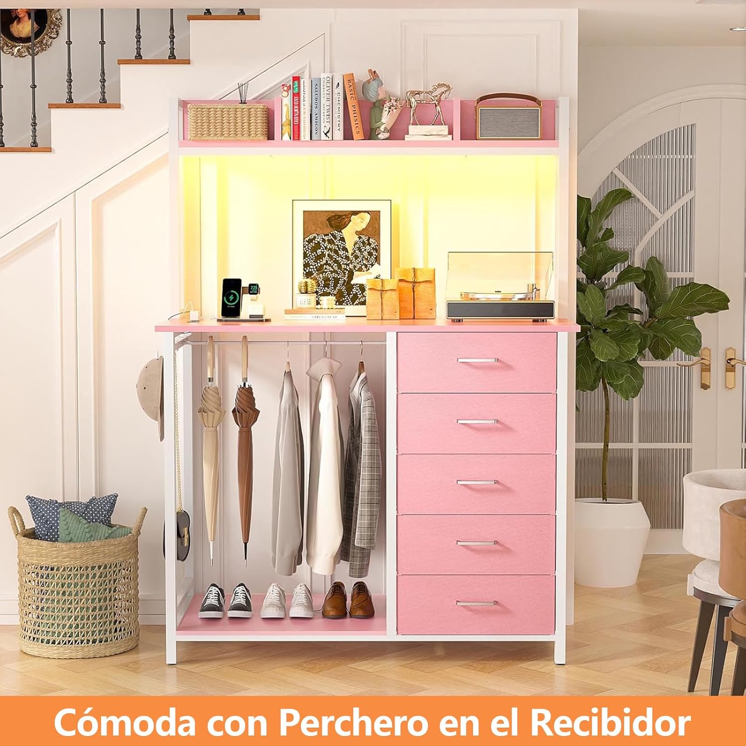 Comoda Cajonera para Recamara,Cómoda con Percheros Integrados de 5 Niveles,180x100x40 cm, Armario Multifuncional con Luces RGB, 3 Enchufes + 2 USB y Control Remoto (Rosa)
