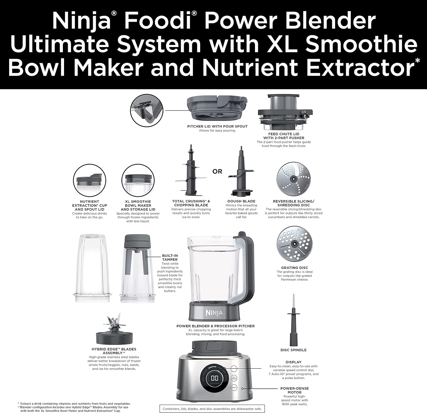 Ninja SS401 Foodi Power Blender Ultimate System con jarra de mezcla y procesamiento de alimentos de 70 onzas, fabricante de cuencos XL y extractor de nutrientes* y 7 funciones, color plateado—Cuchillo mezclador exprimidor