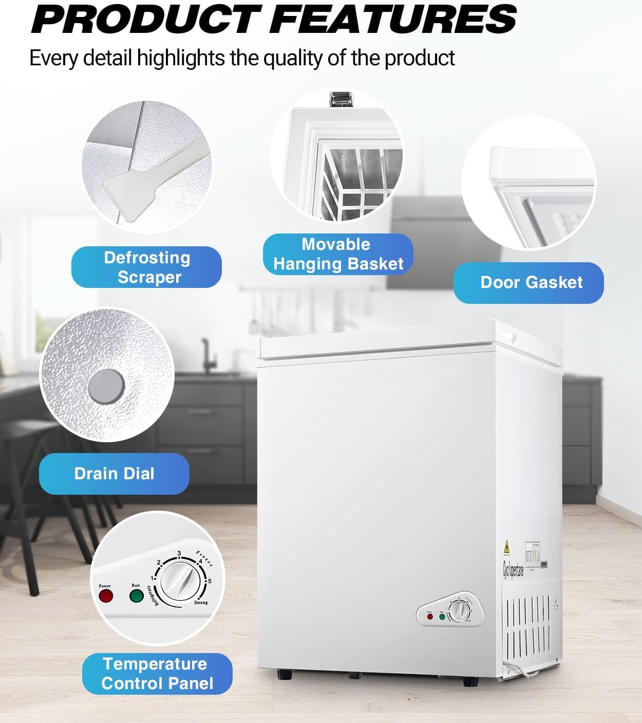 Congelador de pecho pequeño congelador profundo de 3.5 pies cúbicos con cestas extraíbles y 6 temperaturas ajustables (hasta -75 °F) y puerta abierta superior, mini congelador compacto adecuado para