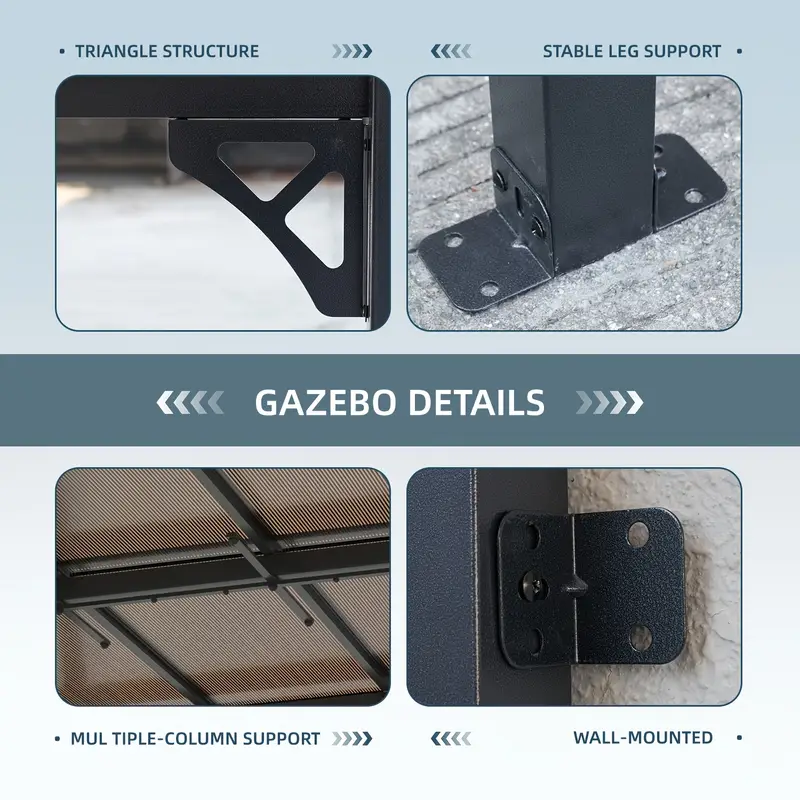   10x14 heavy duty wall mounted pergola gazebo black aluminum outdoor awning with clear panels for patio deck and backyard   outdoor events relaxation patio cover wallmounted gazebo sturdy installation patio decor details 5