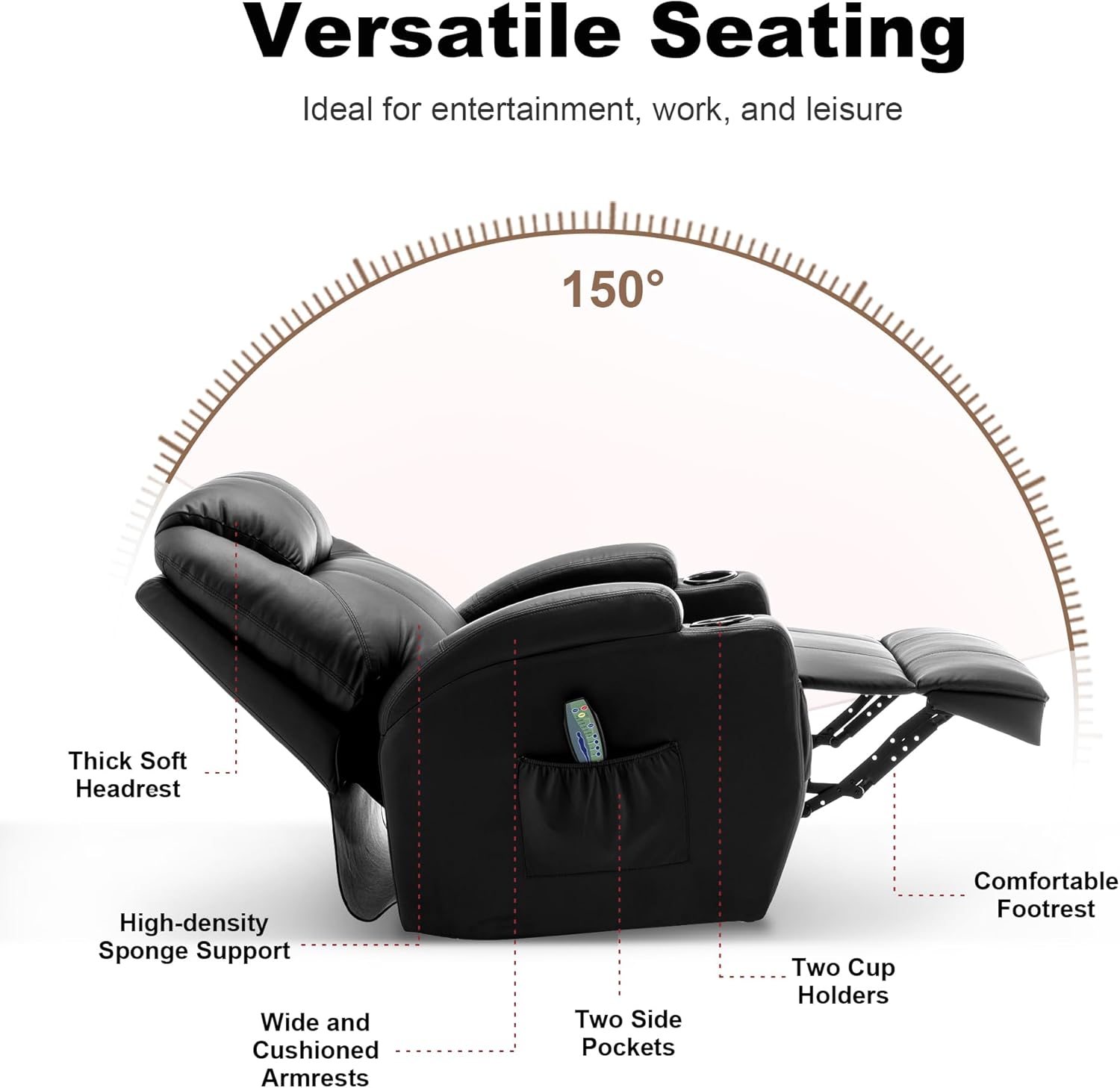 Korser Silla reclinable con masaje y calor, sillas reclinables giratorias de 360° para adultos, reclinables manuales con control remoto y soporte para tazas para sala de estar, recámara, guardería