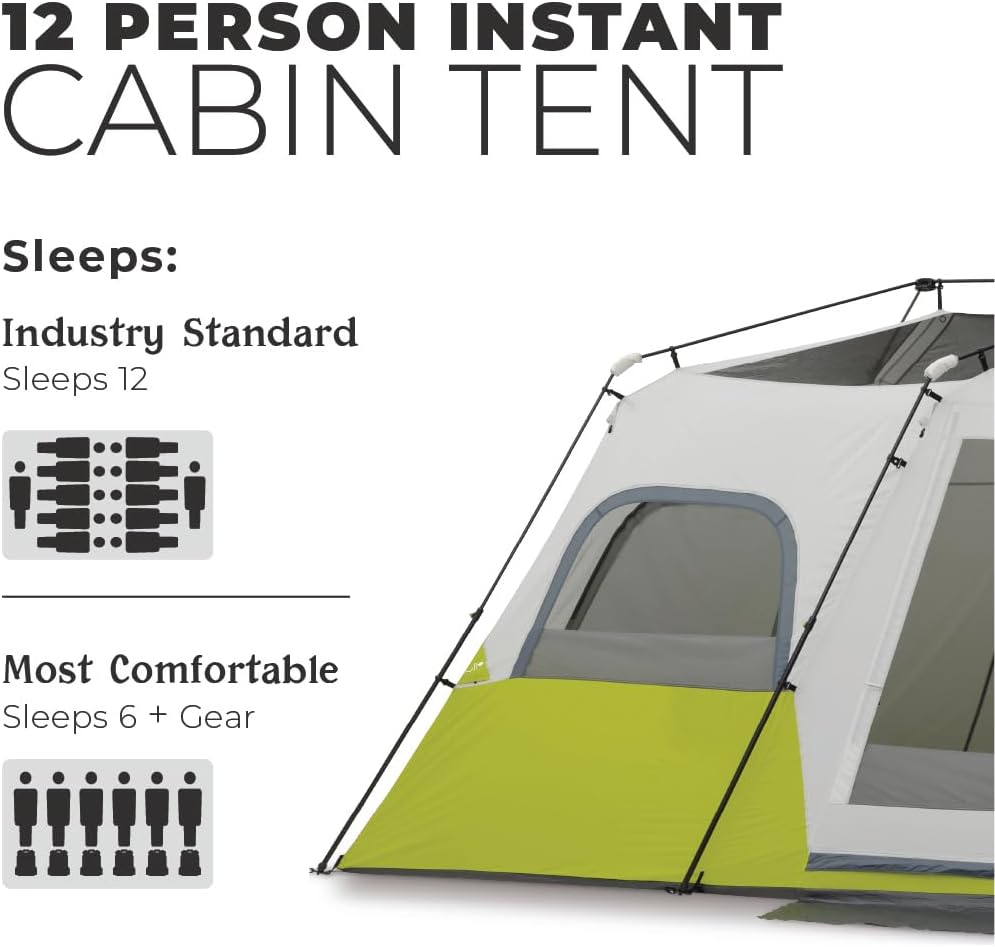 CORE - Tienda de campaña instantánea para 12 personas | Tienda de campaña enorme de 3 habitaciones para familia con bolsillos de almacenamiento para accesorios de camping, tienda de campaña grande