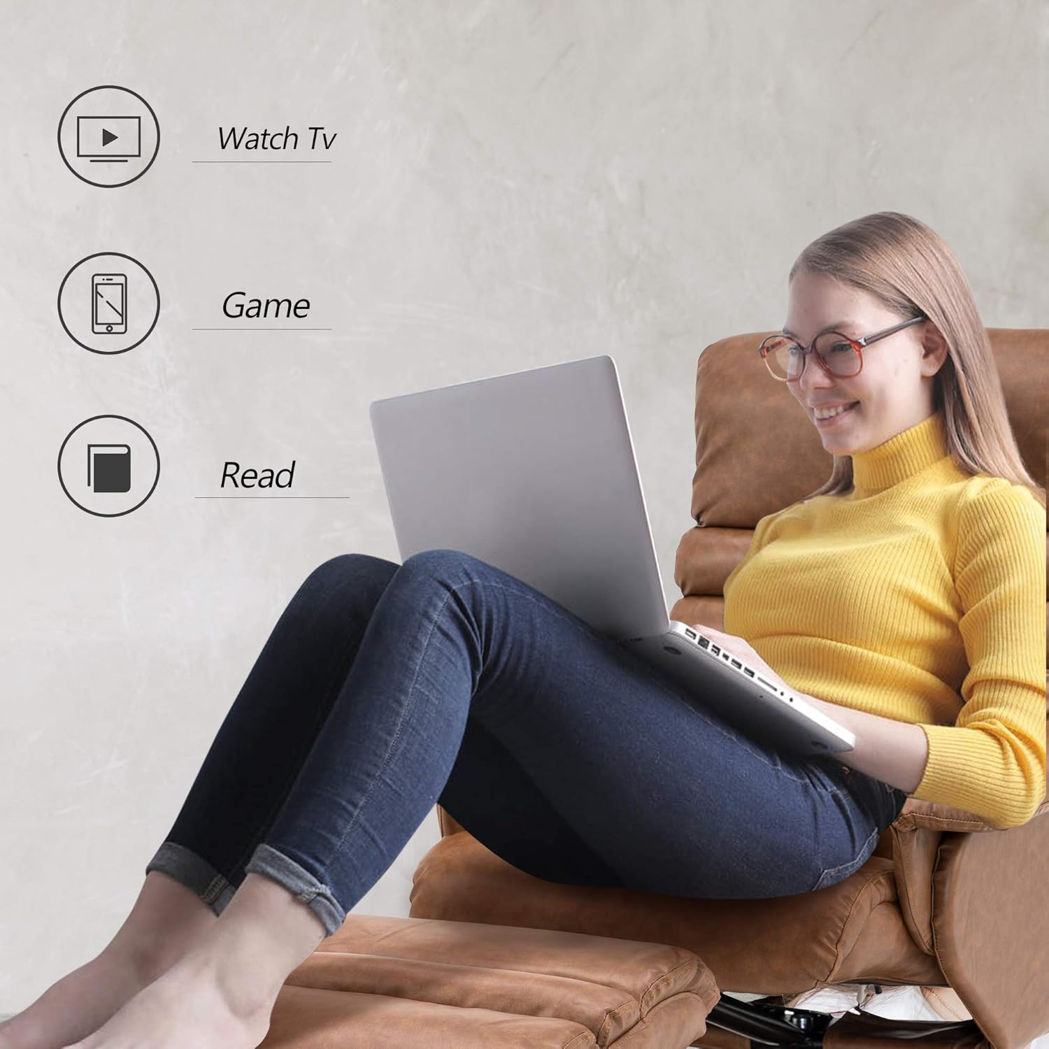 Silla reclinable con otomana, silla reclinable con masaje, silla giratoria de 360 años, piel sintética 7902 (blanco crema)