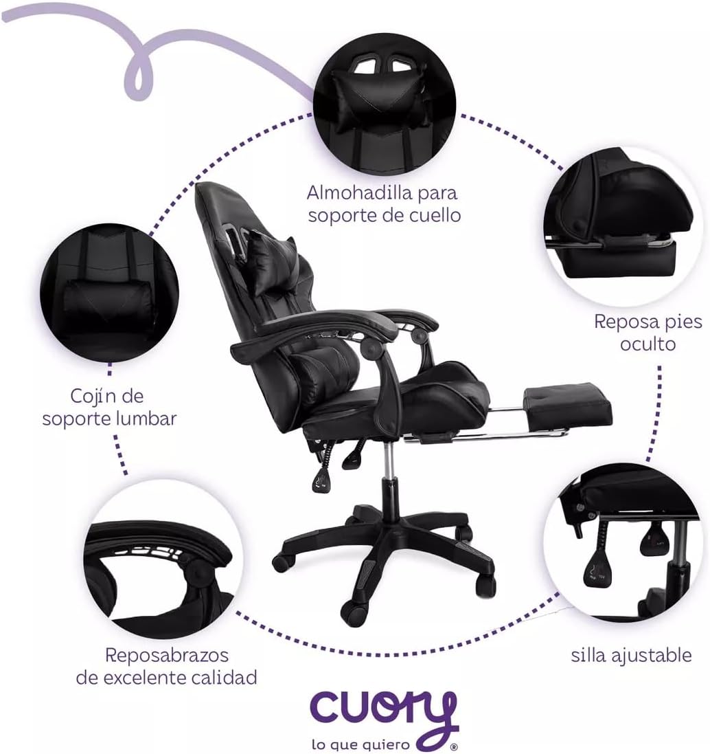 CUORY Silla Gamer Escritorio Ergonómica Reposapiés Ejecutiva | Ajuste de Altura | Reclinable Gaming Oficina Silla de computadora con Giratorio | Reposacabezas y Almohada Lumbar | Negro