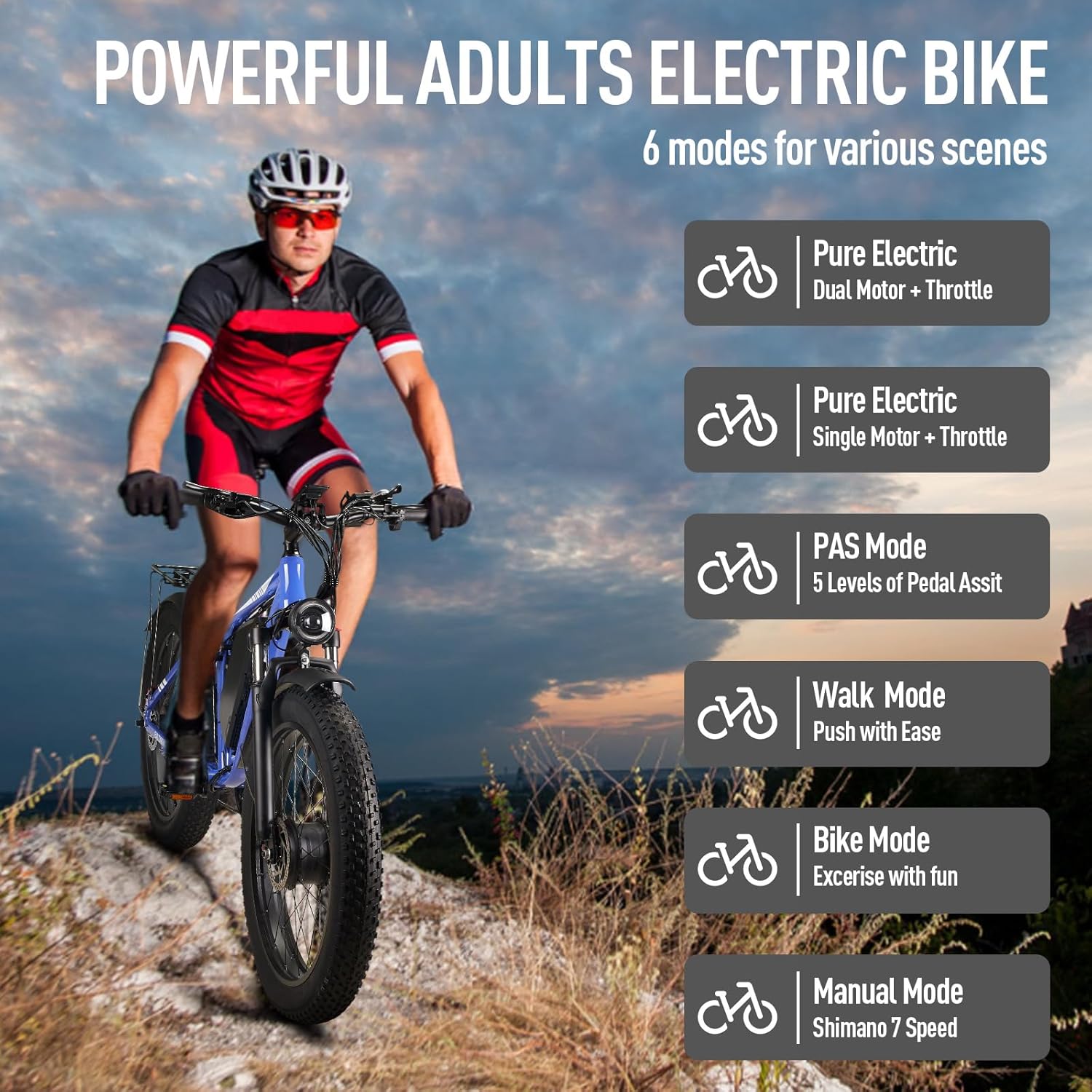 Bicicleta eléctrica de 2000 W para adultos con batería de 52 V 23 AH, 35 MPH de doble motor Ebike neumático gordo de 26 pulgadas para hombres, bicicleta eléctrica de 70 millas con engranajes de 7